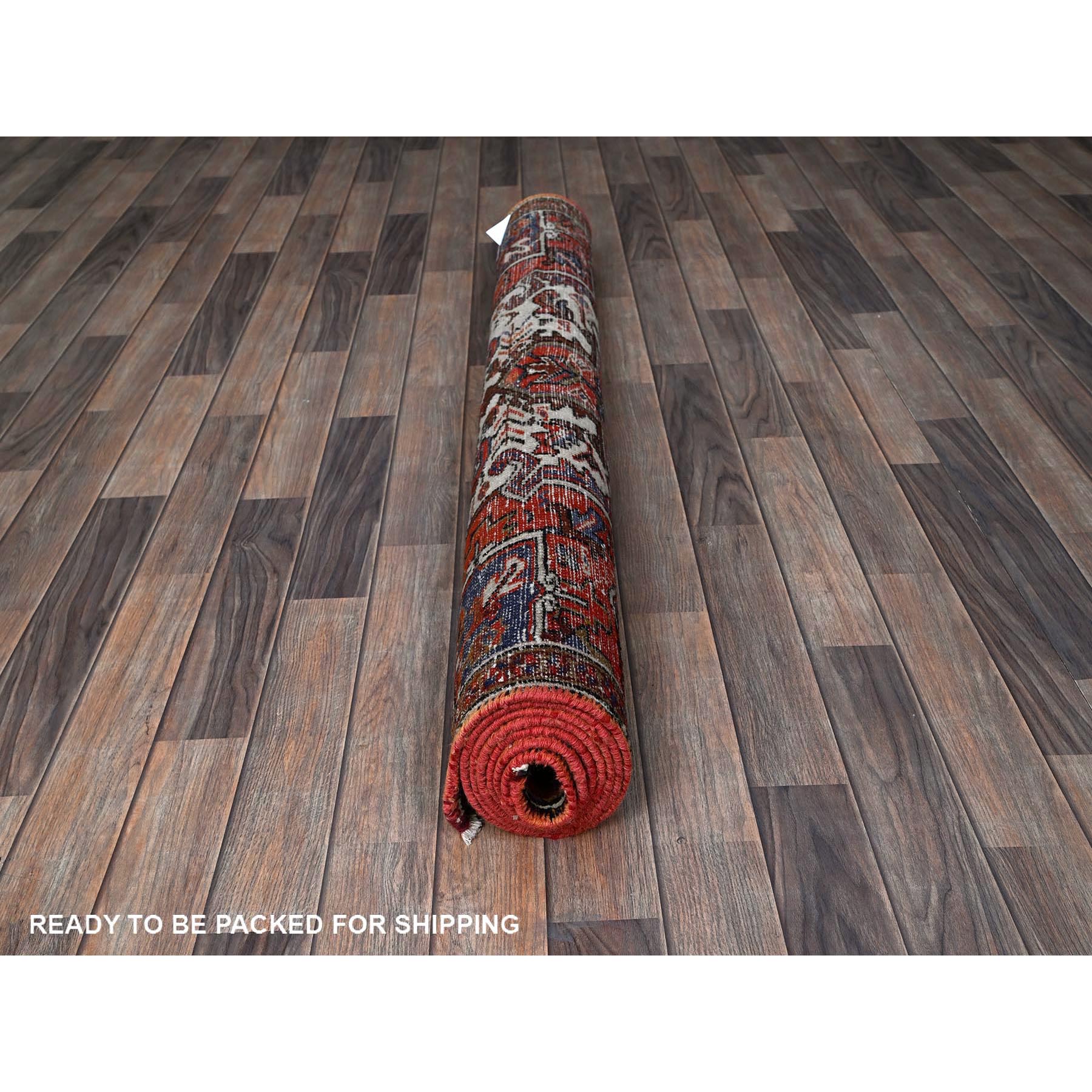 4'9"x8'1" Vivid Orange, Vintage Persian Heriz with Geometric Medallion Design, Animal Figurines, Pure Wool, Hand Knotted, Even Wear, Sheared Low, Good Condition, Sides and Ends Professionally Secured, Oriental Rug Sh294
