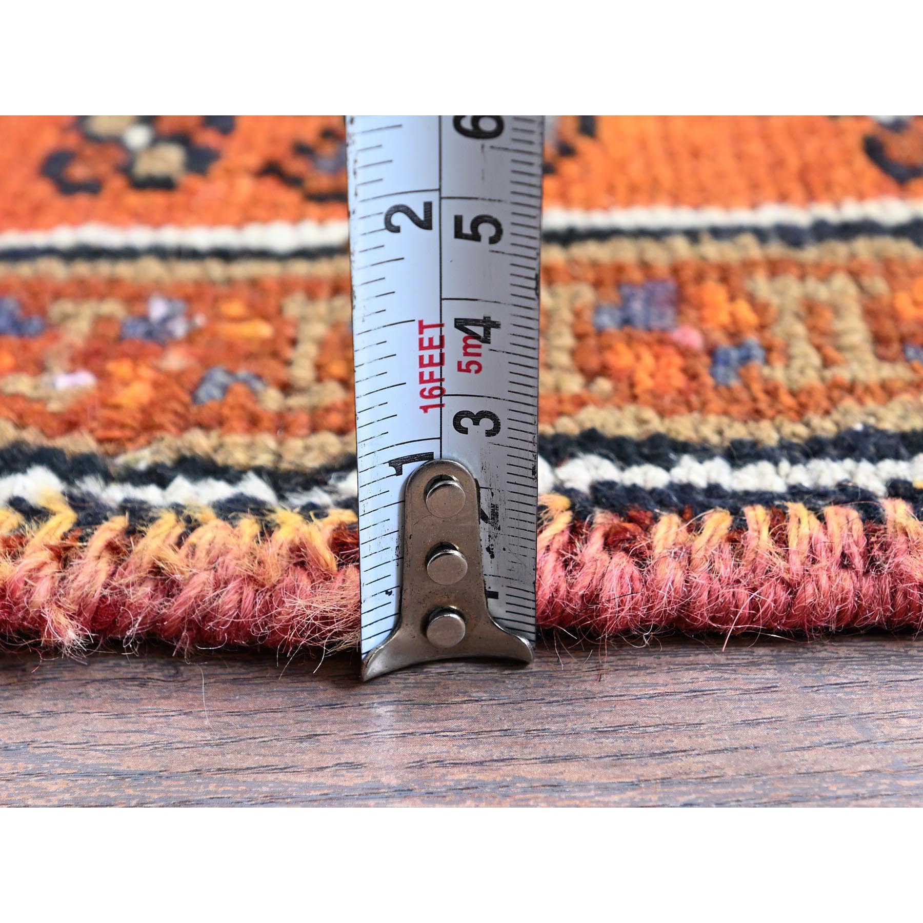 4'9"x8'1" Vivid Orange, Vintage Persian Heriz with Geometric Medallion Design, Animal Figurines, Pure Wool, Hand Knotted, Even Wear, Sheared Low, Good Condition, Sides and Ends Professionally Secured, Oriental Rug Sh294