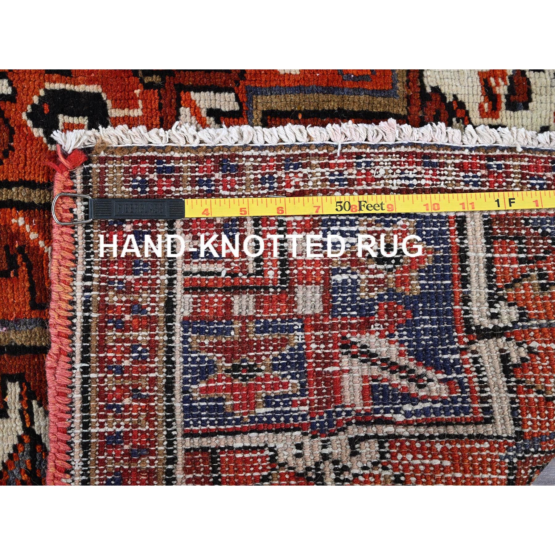 4'9"x8'1" Vivid Orange, Vintage Persian Heriz with Geometric Medallion Design, Animal Figurines, Pure Wool, Hand Knotted, Even Wear, Sheared Low, Good Condition, Sides and Ends Professionally Secured, Oriental Rug Sh294