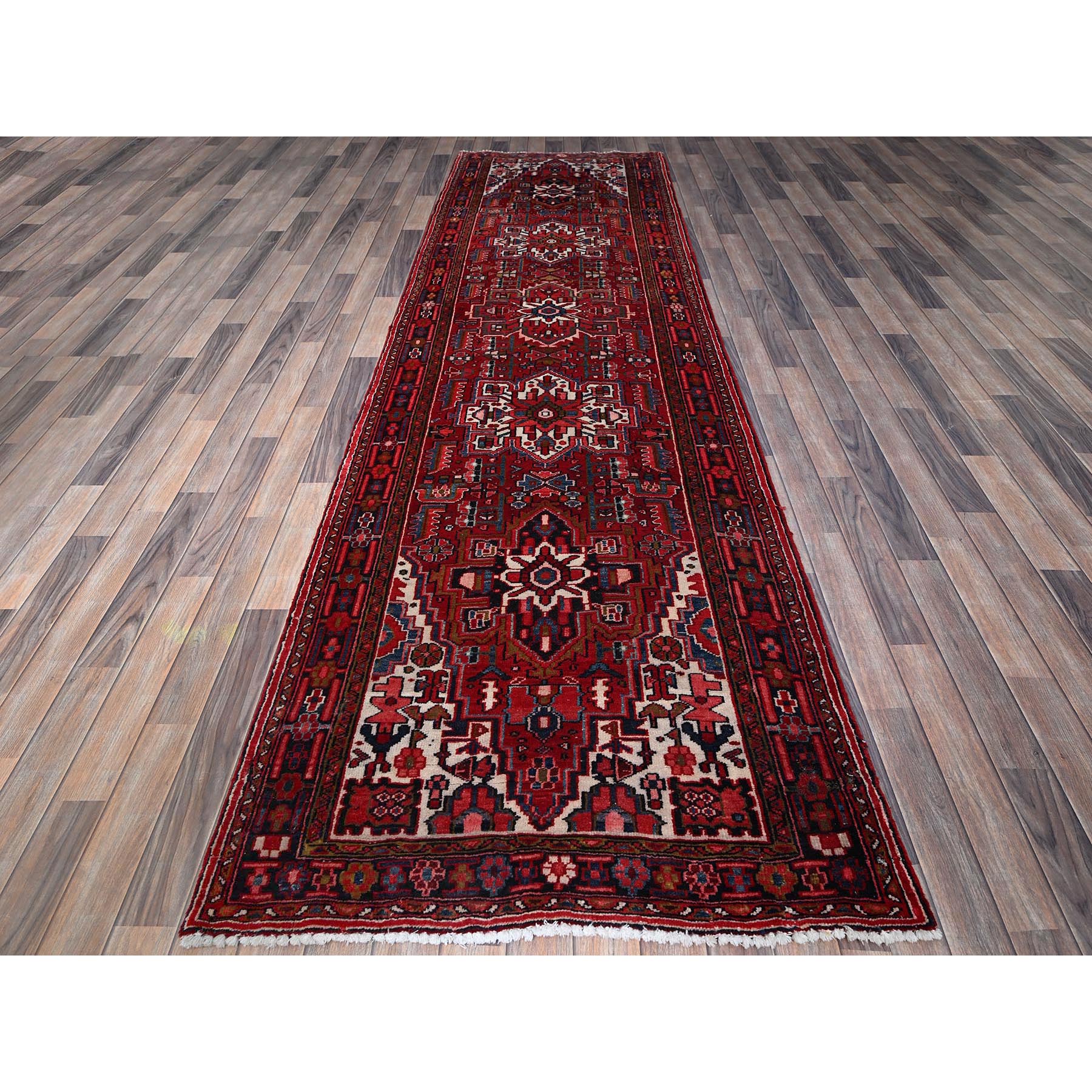 3'6"x11'5" Carmine Red, Vintage Persian Heriz with Geometric Medallions, 100% Wool, Hand Knotted, Even Wear, Shaved Down, Good Condition, Sides and Ends Professionally Secured, Wide Runner, Oriental Rug Sh296