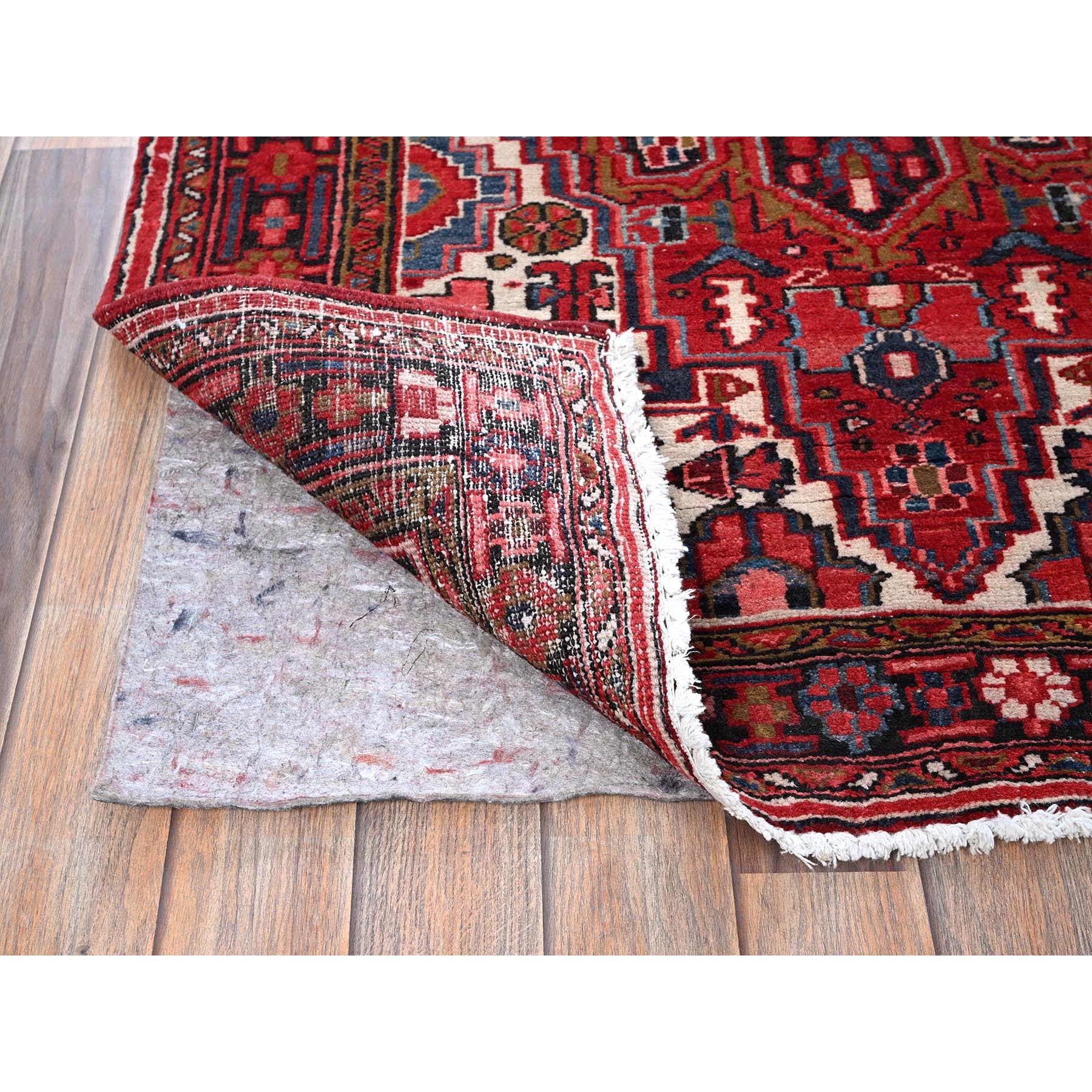 3'6"x11'5" Carmine Red, Vintage Persian Heriz with Geometric Medallions, 100% Wool, Hand Knotted, Even Wear, Shaved Down, Good Condition, Sides and Ends Professionally Secured, Wide Runner, Oriental Rug Sh296
