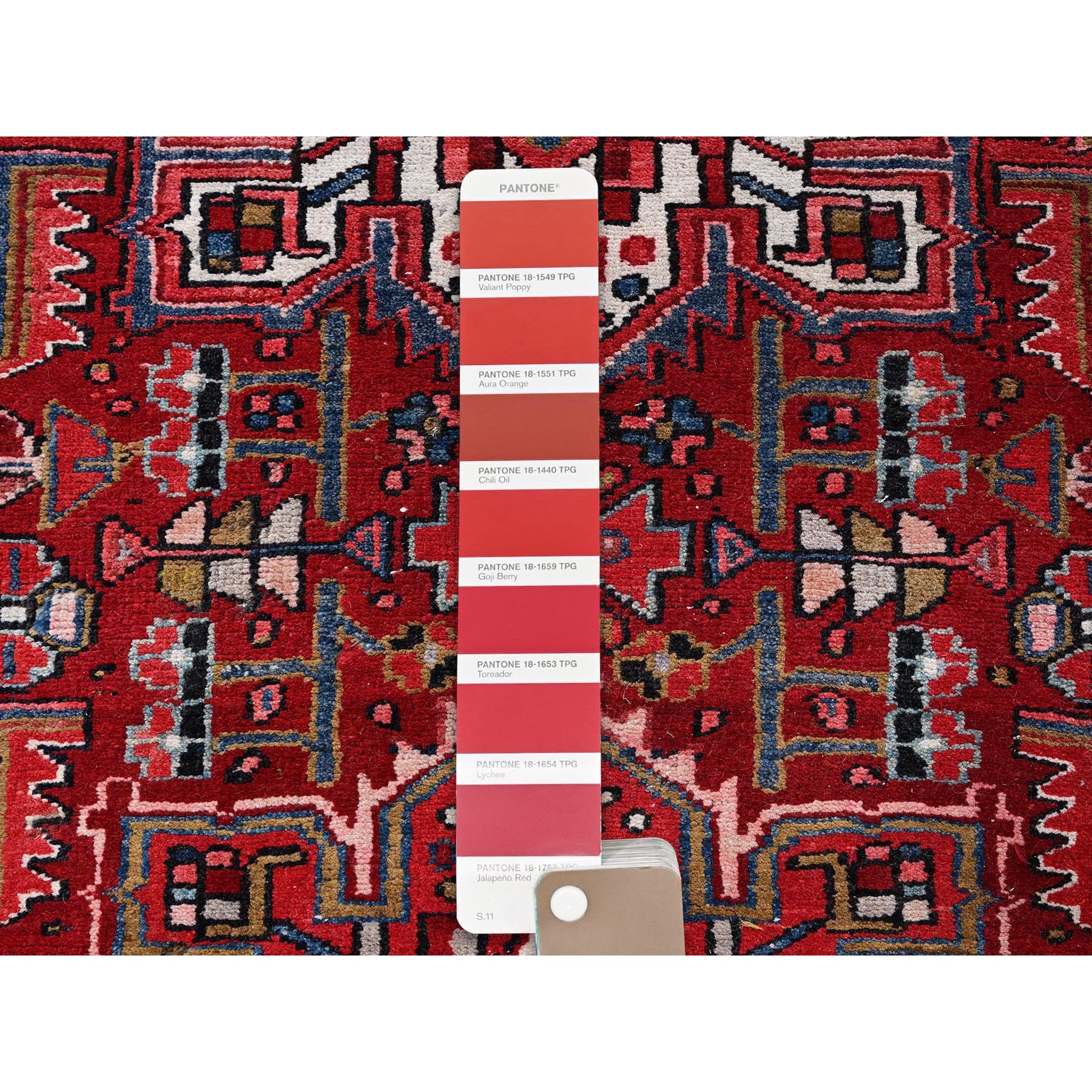 3'6"x11'5" Carmine Red, Vintage Persian Heriz with Geometric Medallions, 100% Wool, Hand Knotted, Even Wear, Shaved Down, Good Condition, Sides and Ends Professionally Secured, Wide Runner, Oriental Rug Sh296