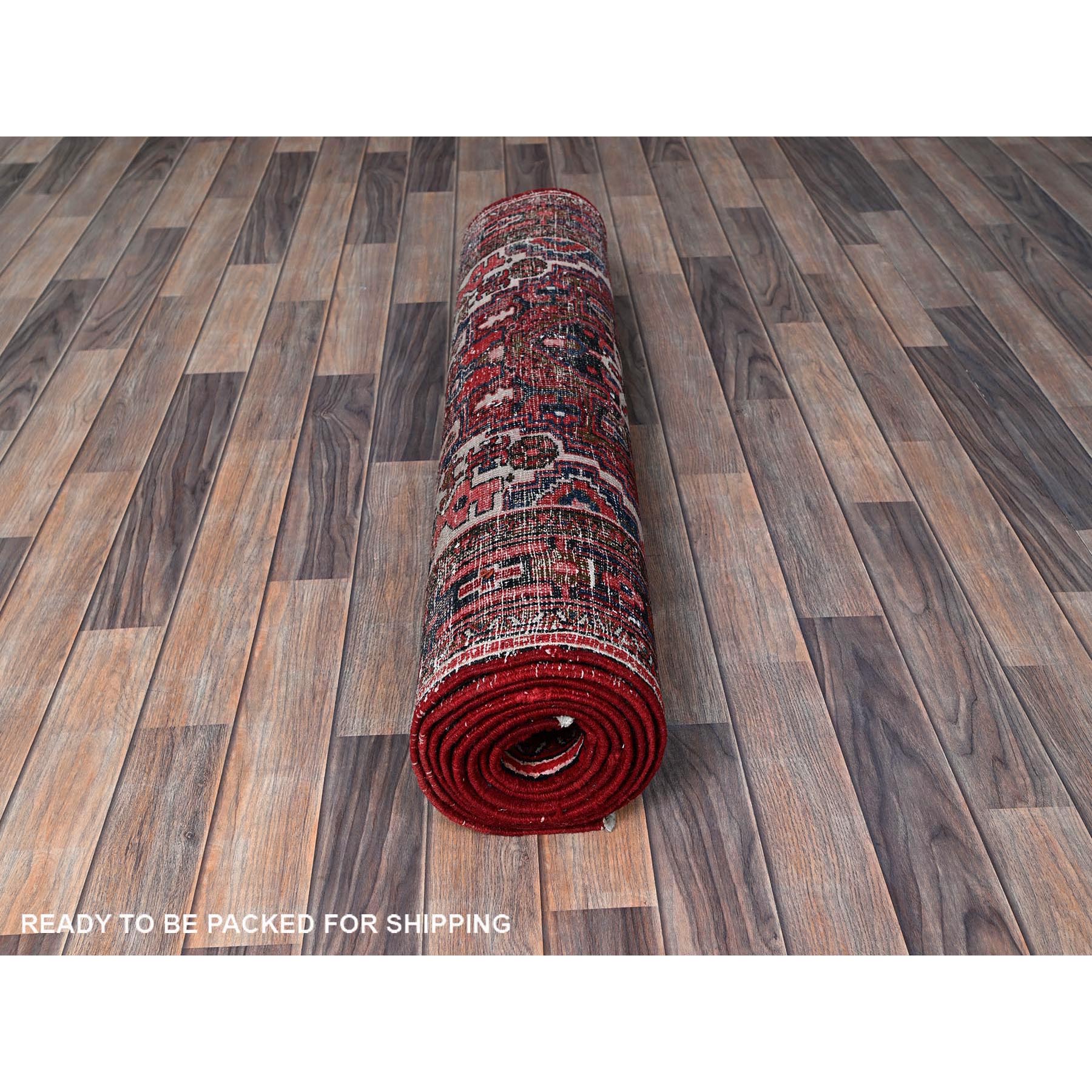 3'6"x11'5" Carmine Red, Vintage Persian Heriz with Geometric Medallions, 100% Wool, Hand Knotted, Even Wear, Shaved Down, Good Condition, Sides and Ends Professionally Secured, Wide Runner, Oriental Rug Sh296