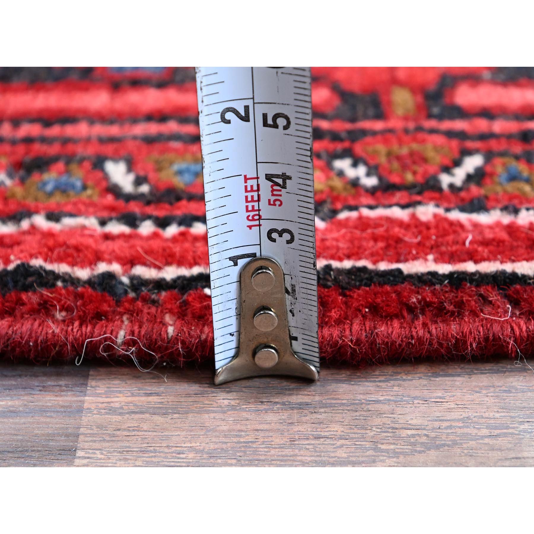 3'6"x11'5" Carmine Red, Vintage Persian Heriz with Geometric Medallions, 100% Wool, Hand Knotted, Even Wear, Shaved Down, Good Condition, Sides and Ends Professionally Secured, Wide Runner, Oriental Rug Sh296