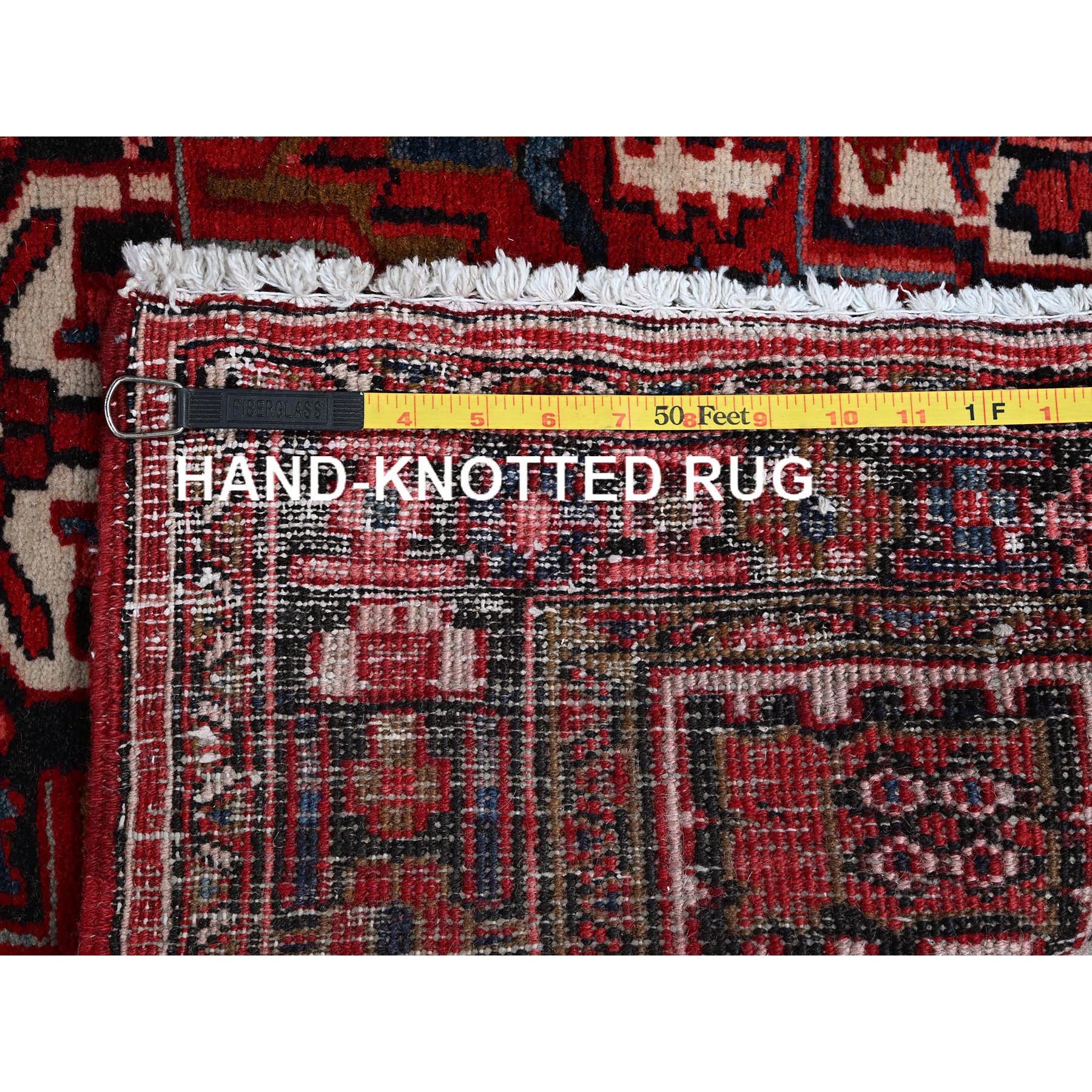 3'6"x11'5" Carmine Red, Vintage Persian Heriz with Geometric Medallions, 100% Wool, Hand Knotted, Even Wear, Shaved Down, Good Condition, Sides and Ends Professionally Secured, Wide Runner, Oriental Rug Sh296