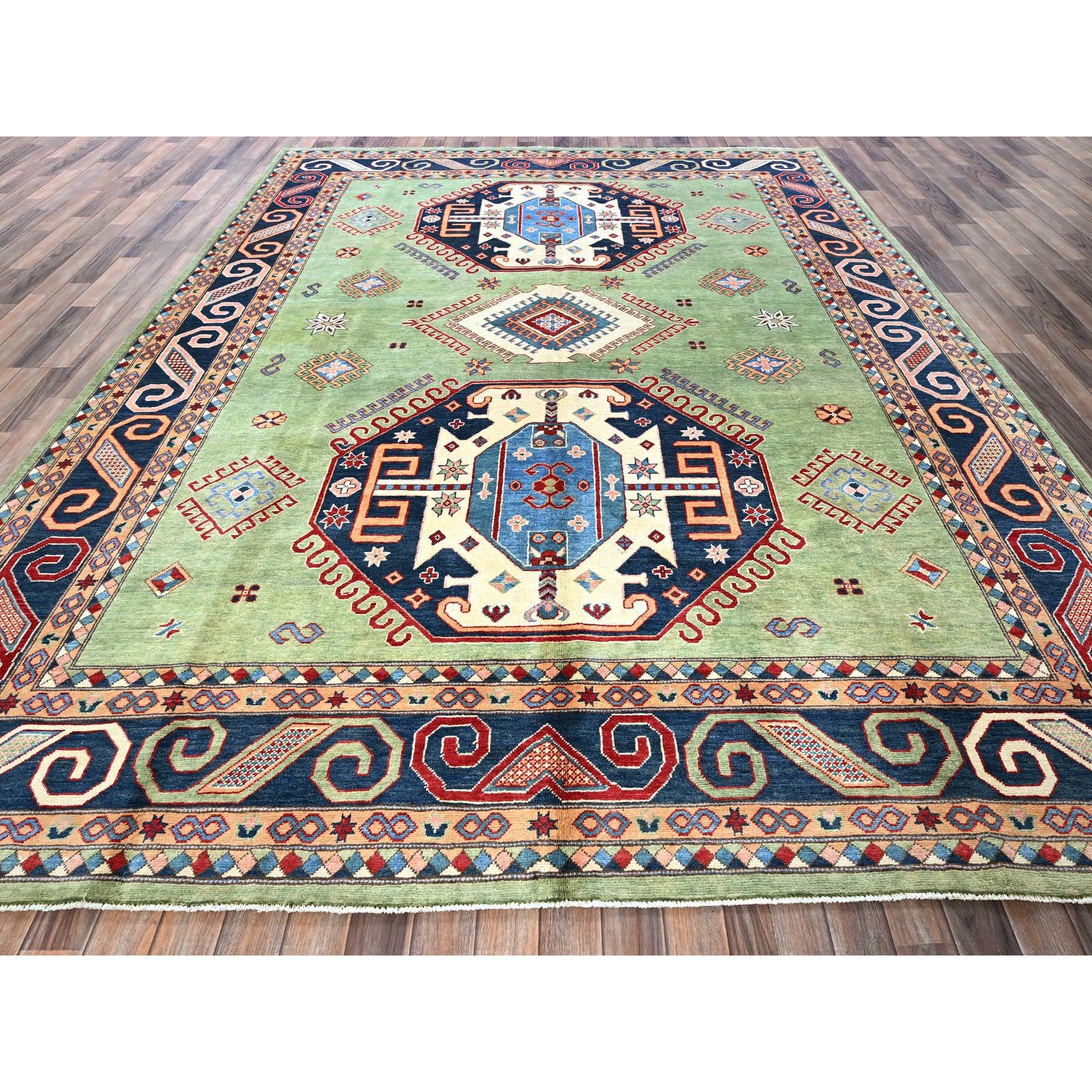 9'2"x11'7" Pastel Green, Afghan Special Kazak, Geometric Medallions Design, Hand Knotted, Densely Woven, Pure Wool, Vegetable Dyes, Oriental Rug Sh299
