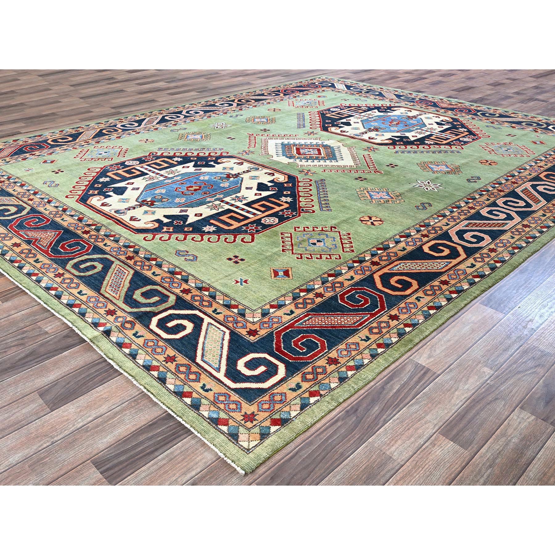 9'2"x11'7" Pastel Green, Afghan Special Kazak, Geometric Medallions Design, Hand Knotted, Densely Woven, Pure Wool, Vegetable Dyes, Oriental Rug Sh299