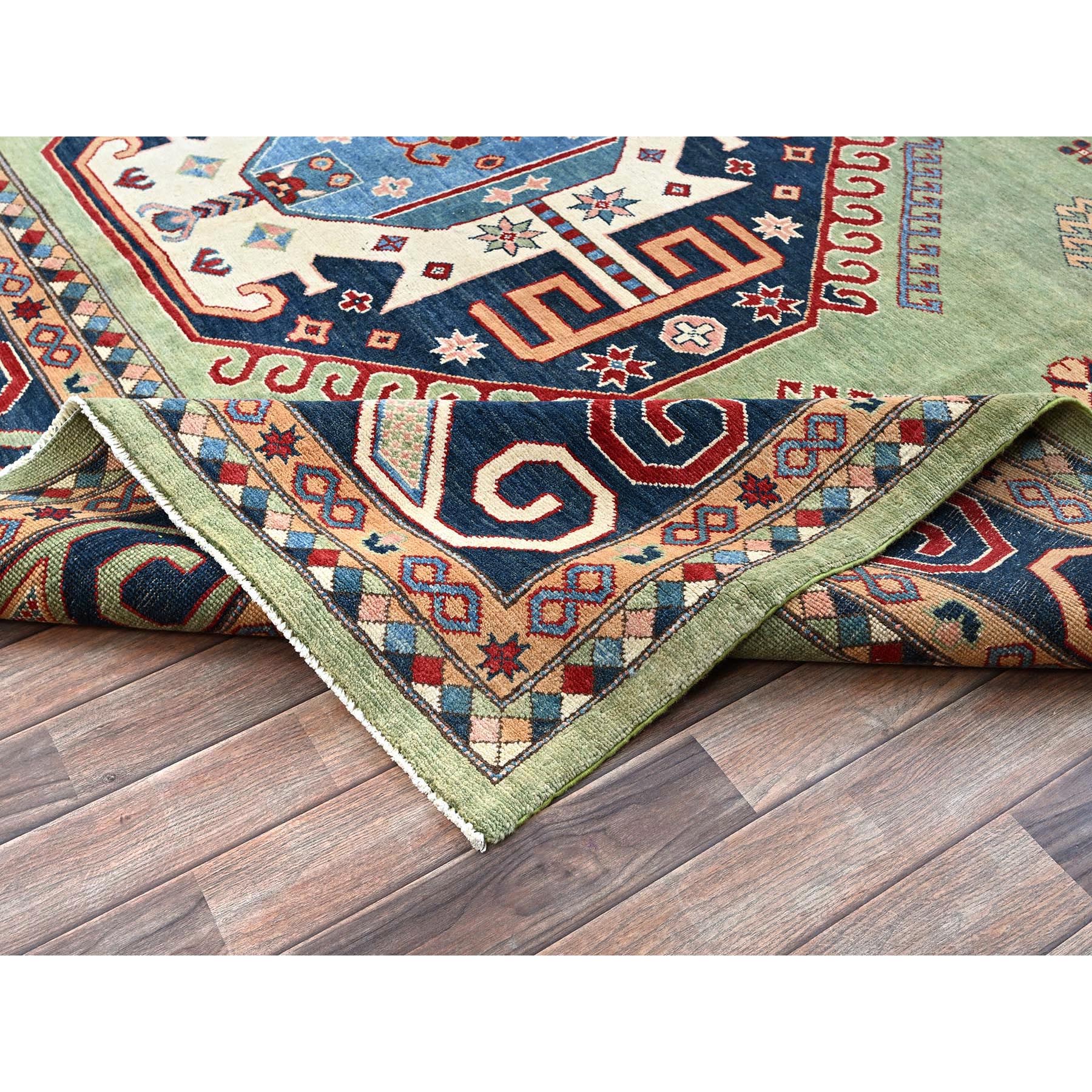 9'2"x11'7" Pastel Green, Afghan Special Kazak, Geometric Medallions Design, Hand Knotted, Densely Woven, Pure Wool, Vegetable Dyes, Oriental Rug Sh299
