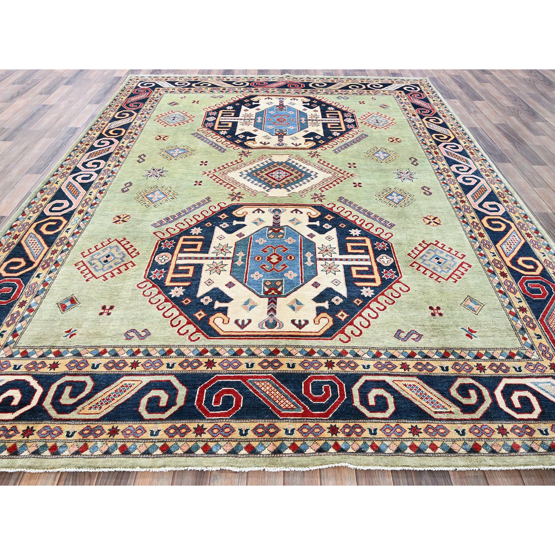 8'x10'4" Laurel Green, Afghan Special Kazak with Geometric Medallions Design, Hand Knotted, Densely Woven, 100% Wool, Vegetable Dyes, Oriental Rug Sh301