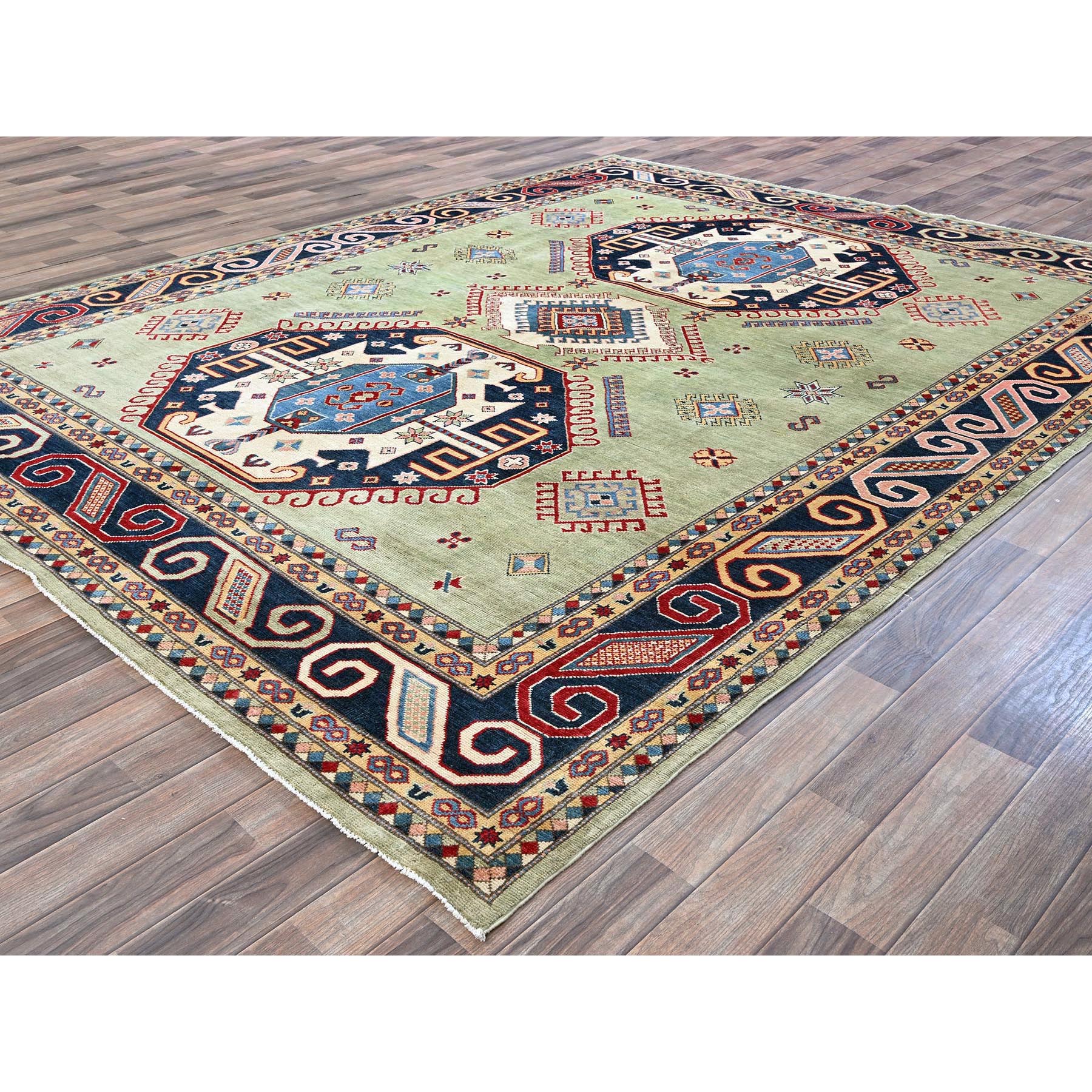 8'x10'4" Laurel Green, Afghan Special Kazak with Geometric Medallions Design, Hand Knotted, Densely Woven, 100% Wool, Vegetable Dyes, Oriental Rug Sh301