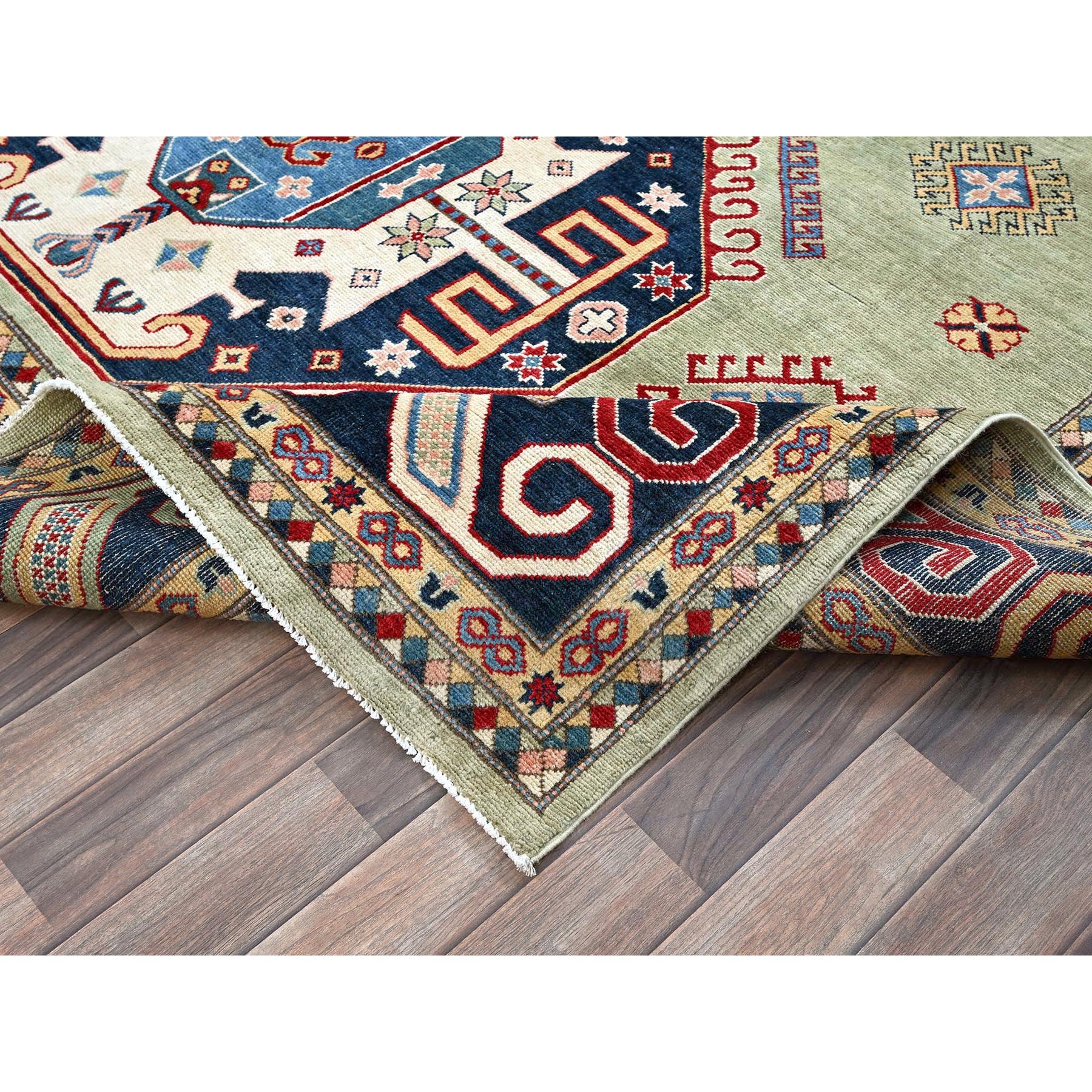 8'x10'4" Laurel Green, Afghan Special Kazak with Geometric Medallions Design, Hand Knotted, Densely Woven, 100% Wool, Vegetable Dyes, Oriental Rug Sh301