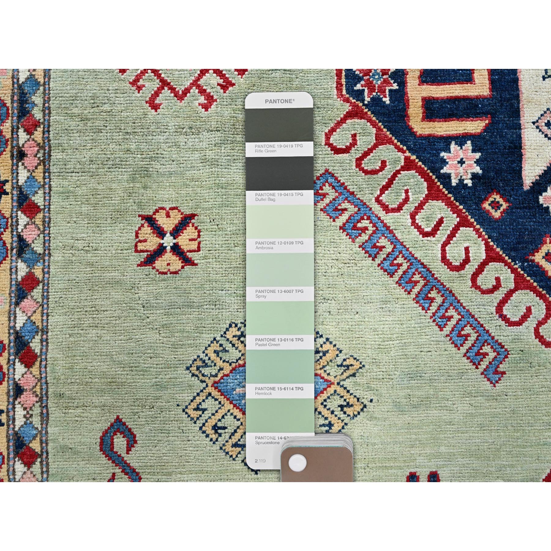 8'x10'4" Laurel Green, Afghan Special Kazak with Geometric Medallions Design, Hand Knotted, Densely Woven, 100% Wool, Vegetable Dyes, Oriental Rug Sh301