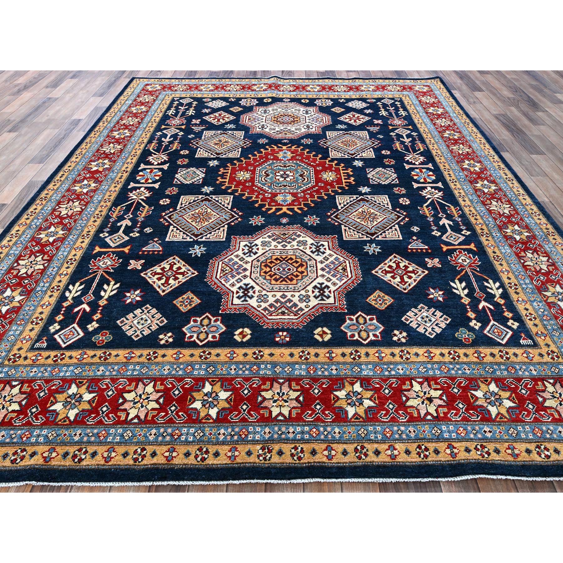 8'x9'10" Midnight Blue, Afghan Special Kazak with Geometric Medallions Design, Densely Woven, 100% Wool, Hand Knotted, Vegetable Dyes, Oriental Rug Sh303