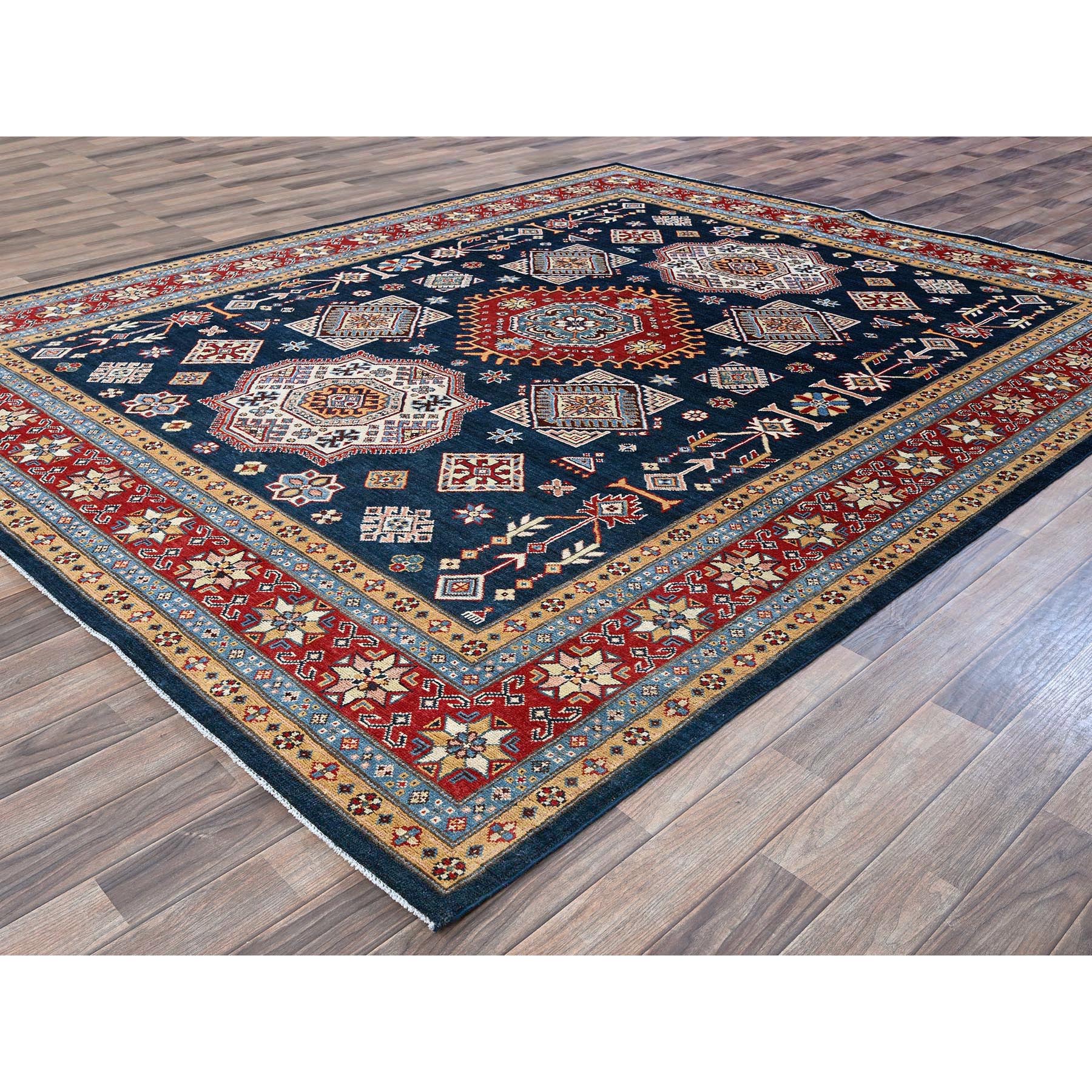 8'x9'10" Midnight Blue, Afghan Special Kazak with Geometric Medallions Design, Densely Woven, 100% Wool, Hand Knotted, Vegetable Dyes, Oriental Rug Sh303