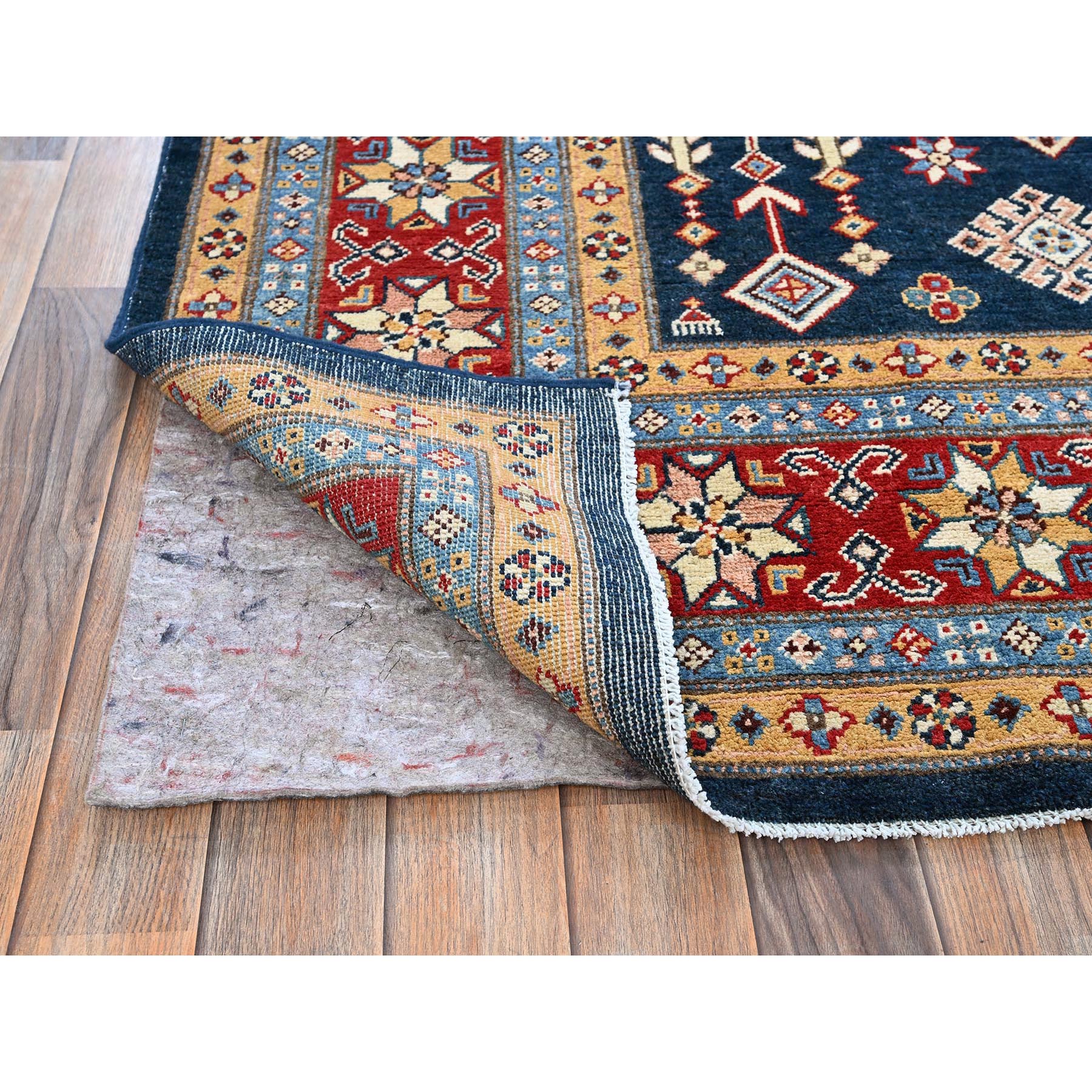 8'x9'10" Midnight Blue, Afghan Special Kazak with Geometric Medallions Design, Densely Woven, 100% Wool, Hand Knotted, Vegetable Dyes, Oriental Rug Sh303