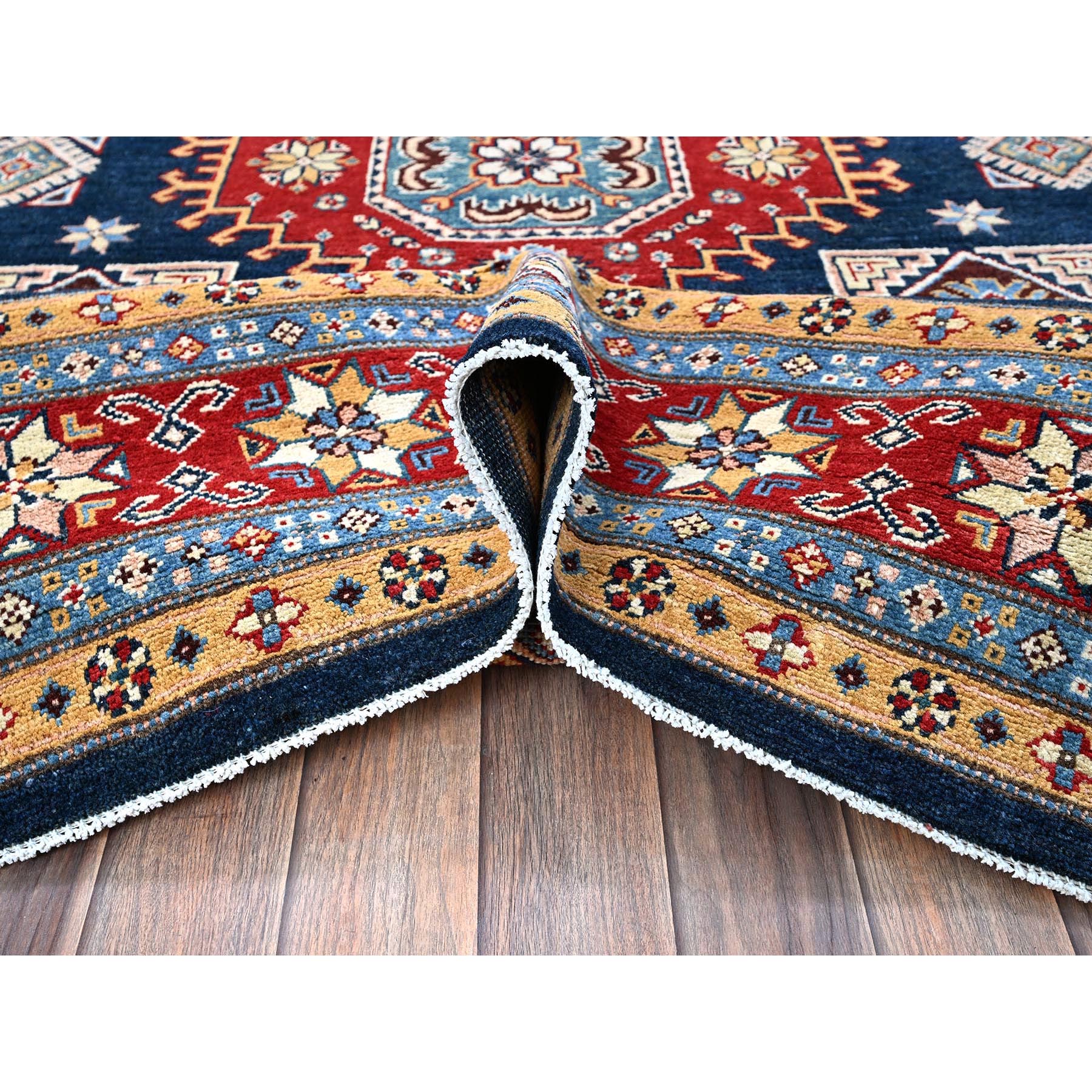 8'x9'10" Midnight Blue, Afghan Special Kazak with Geometric Medallions Design, Densely Woven, 100% Wool, Hand Knotted, Vegetable Dyes, Oriental Rug Sh303