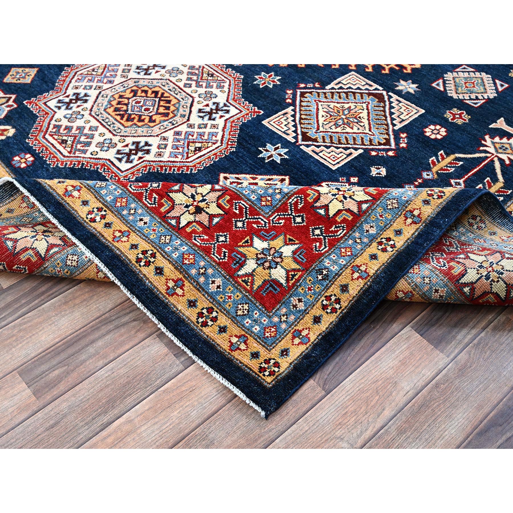 8'x9'10" Midnight Blue, Afghan Special Kazak with Geometric Medallions Design, Densely Woven, 100% Wool, Hand Knotted, Vegetable Dyes, Oriental Rug Sh303