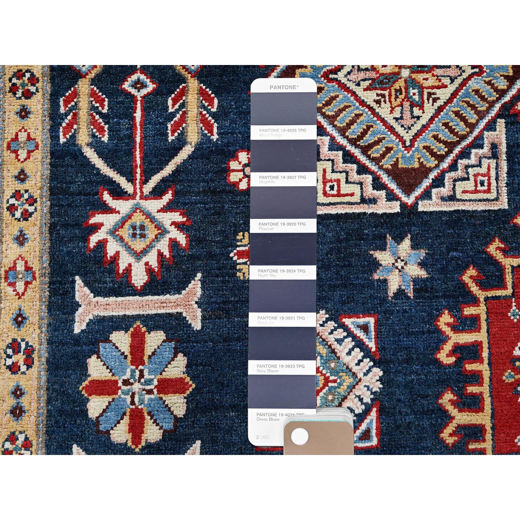 8'x9'10" Midnight Blue, Afghan Special Kazak with Geometric Medallions Design, Densely Woven, 100% Wool, Hand Knotted, Vegetable Dyes, Oriental Rug Sh303