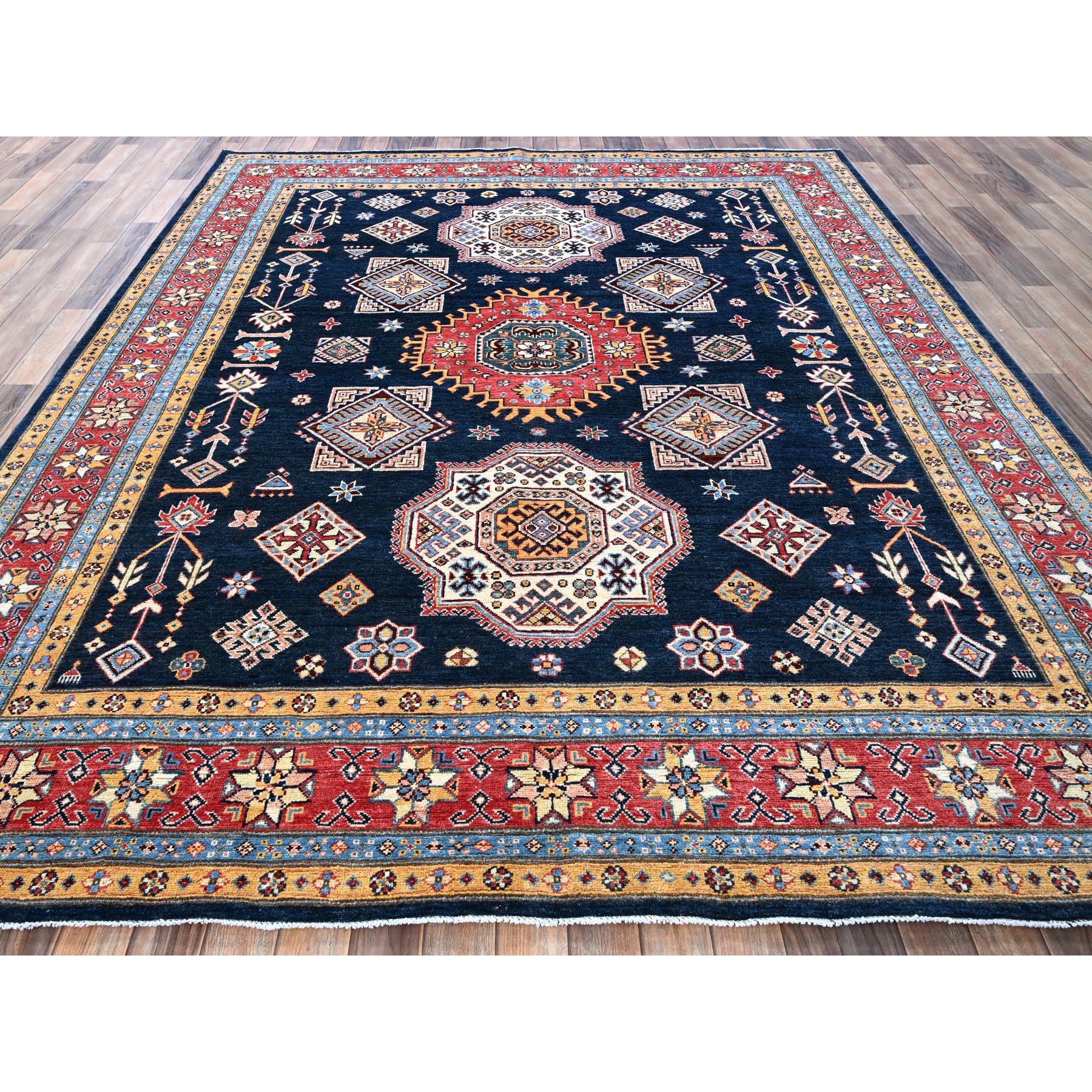 8'1"x9'8" Midnight Blue, Afghan Special Kazak with Geometric Medallions Pattern, Hand Knotted, Densely Woven, 100% Wool, Natural Dyes, Oriental Rug Sh304