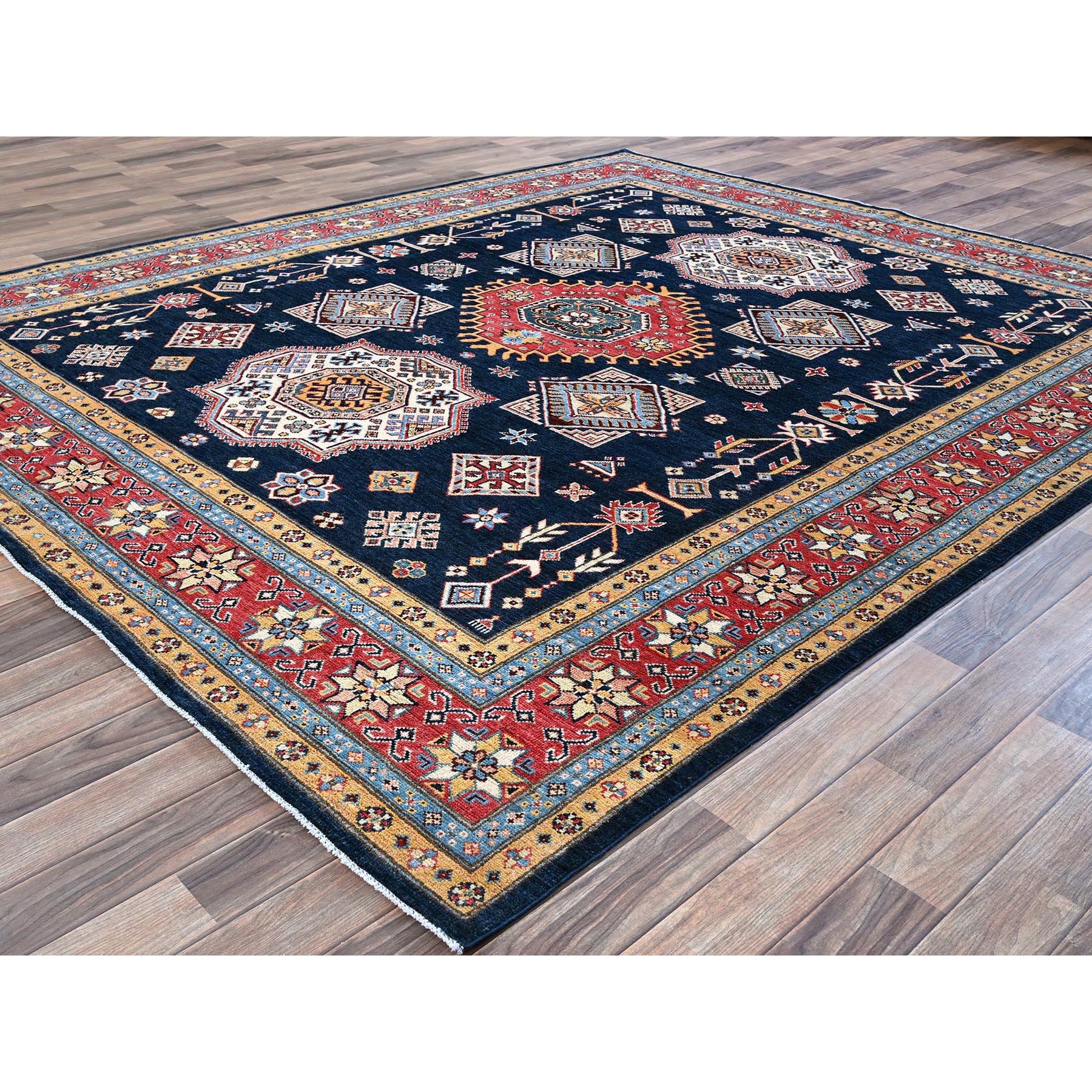 8'1"x9'8" Midnight Blue, Afghan Special Kazak with Geometric Medallions Pattern, Hand Knotted, Densely Woven, 100% Wool, Natural Dyes, Oriental Rug Sh304