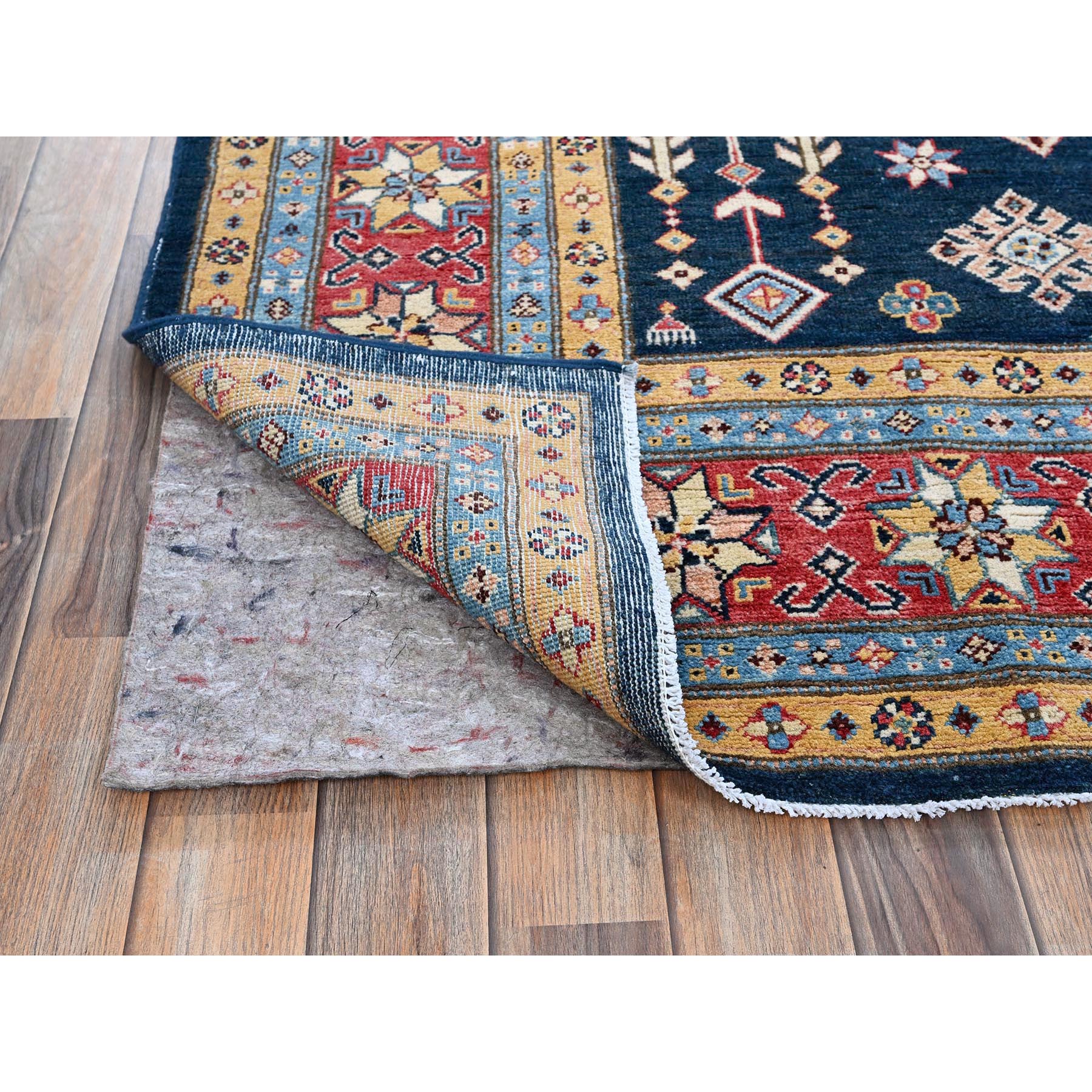 8'1"x9'8" Midnight Blue, Afghan Special Kazak with Geometric Medallions Pattern, Hand Knotted, Densely Woven, 100% Wool, Natural Dyes, Oriental Rug Sh304