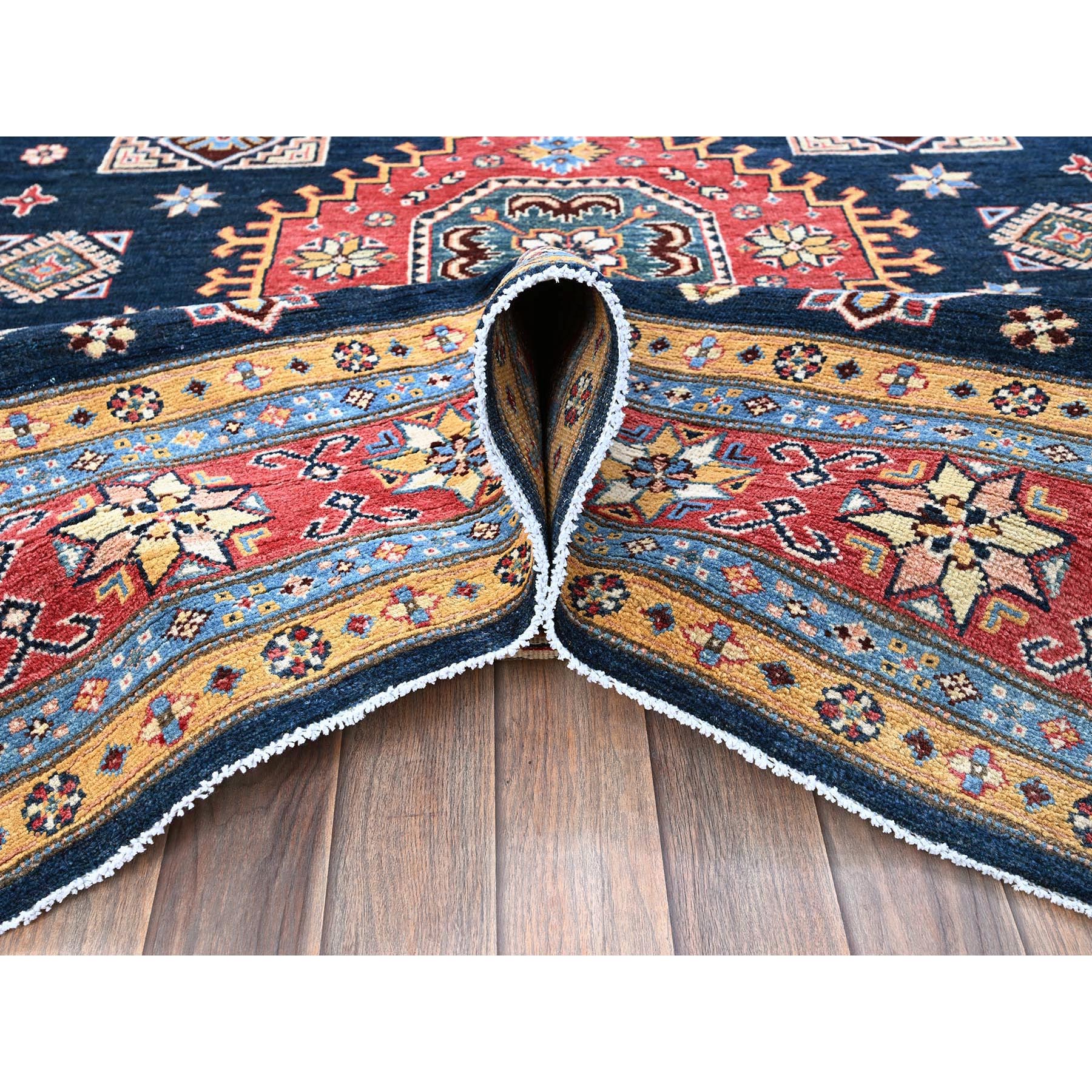 8'1"x9'8" Midnight Blue, Afghan Special Kazak with Geometric Medallions Pattern, Hand Knotted, Densely Woven, 100% Wool, Natural Dyes, Oriental Rug Sh304