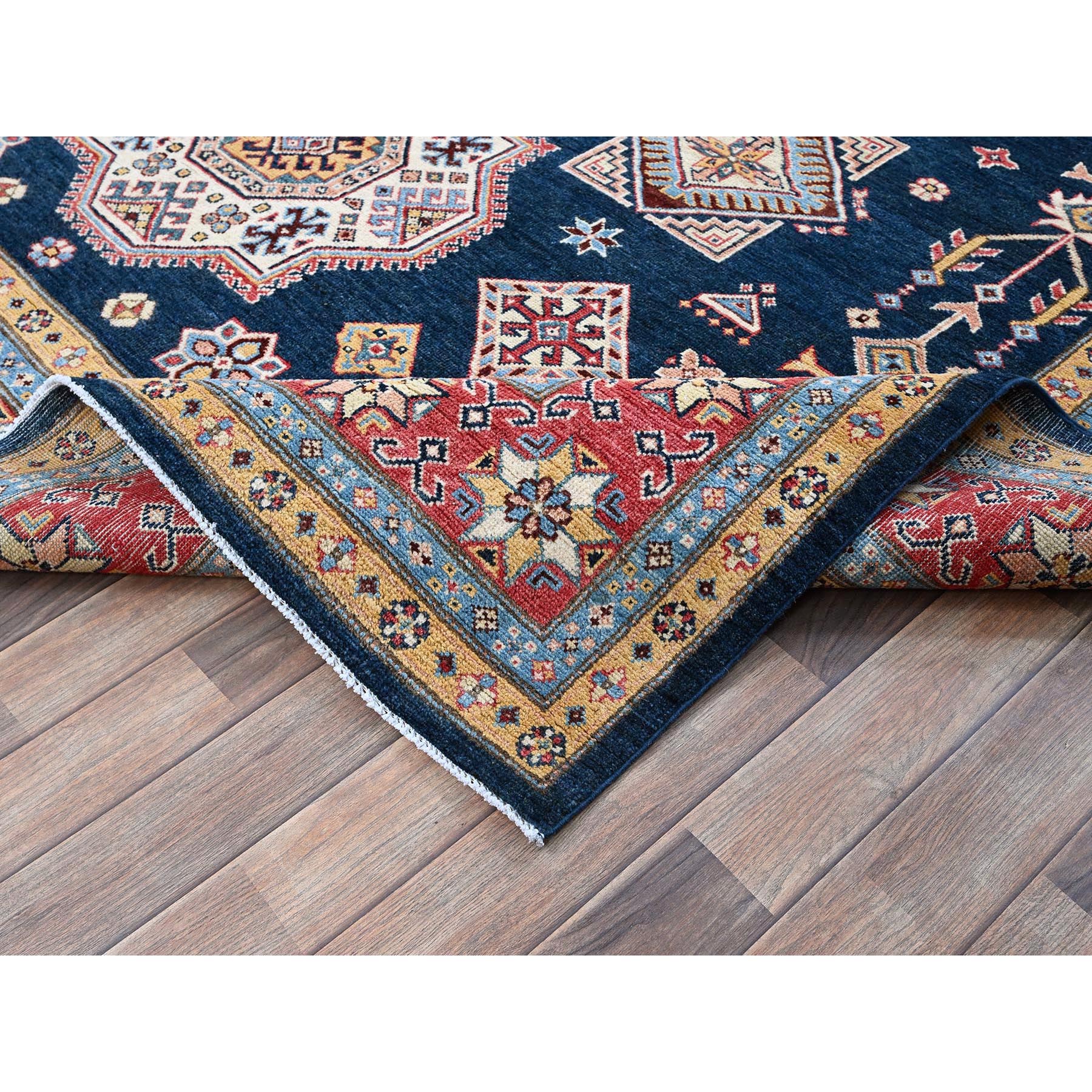 8'1"x9'8" Midnight Blue, Afghan Special Kazak with Geometric Medallions Pattern, Hand Knotted, Densely Woven, 100% Wool, Natural Dyes, Oriental Rug Sh304