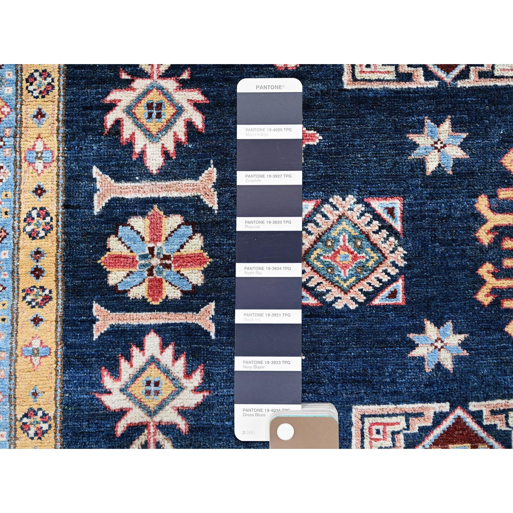 8'1"x9'8" Midnight Blue, Afghan Special Kazak with Geometric Medallions Pattern, Hand Knotted, Densely Woven, 100% Wool, Natural Dyes, Oriental Rug Sh304