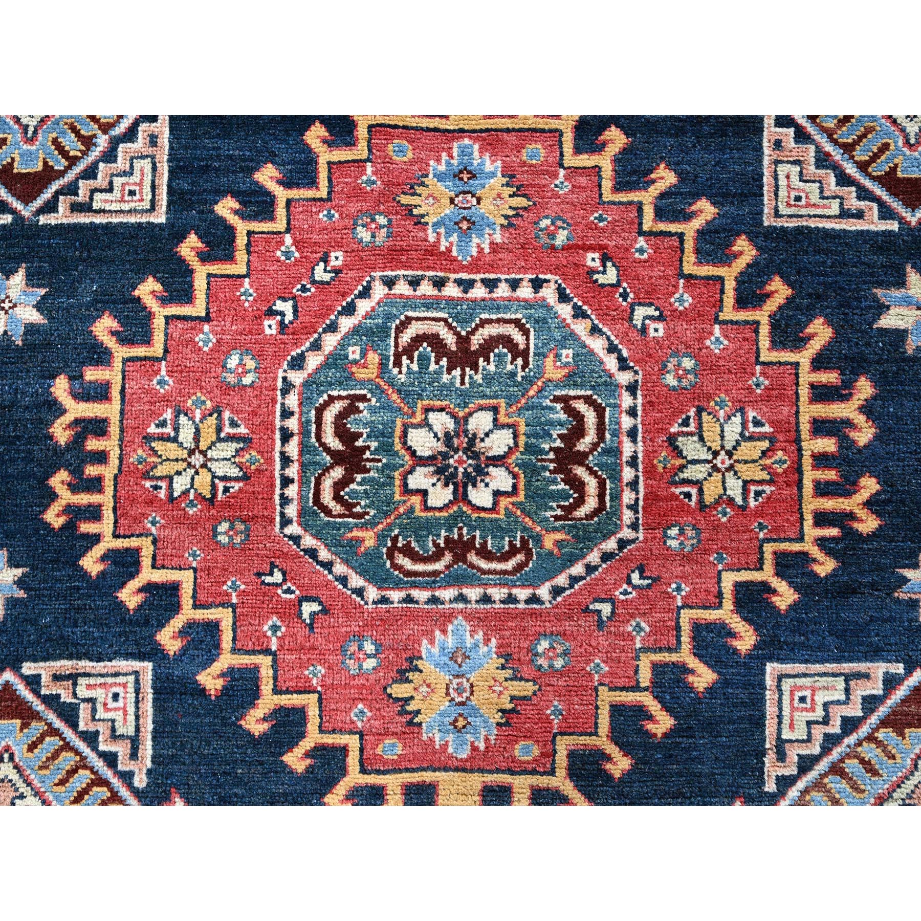 8'1"x9'8" Midnight Blue, Afghan Special Kazak with Geometric Medallions Pattern, Hand Knotted, Densely Woven, 100% Wool, Natural Dyes, Oriental Rug Sh304