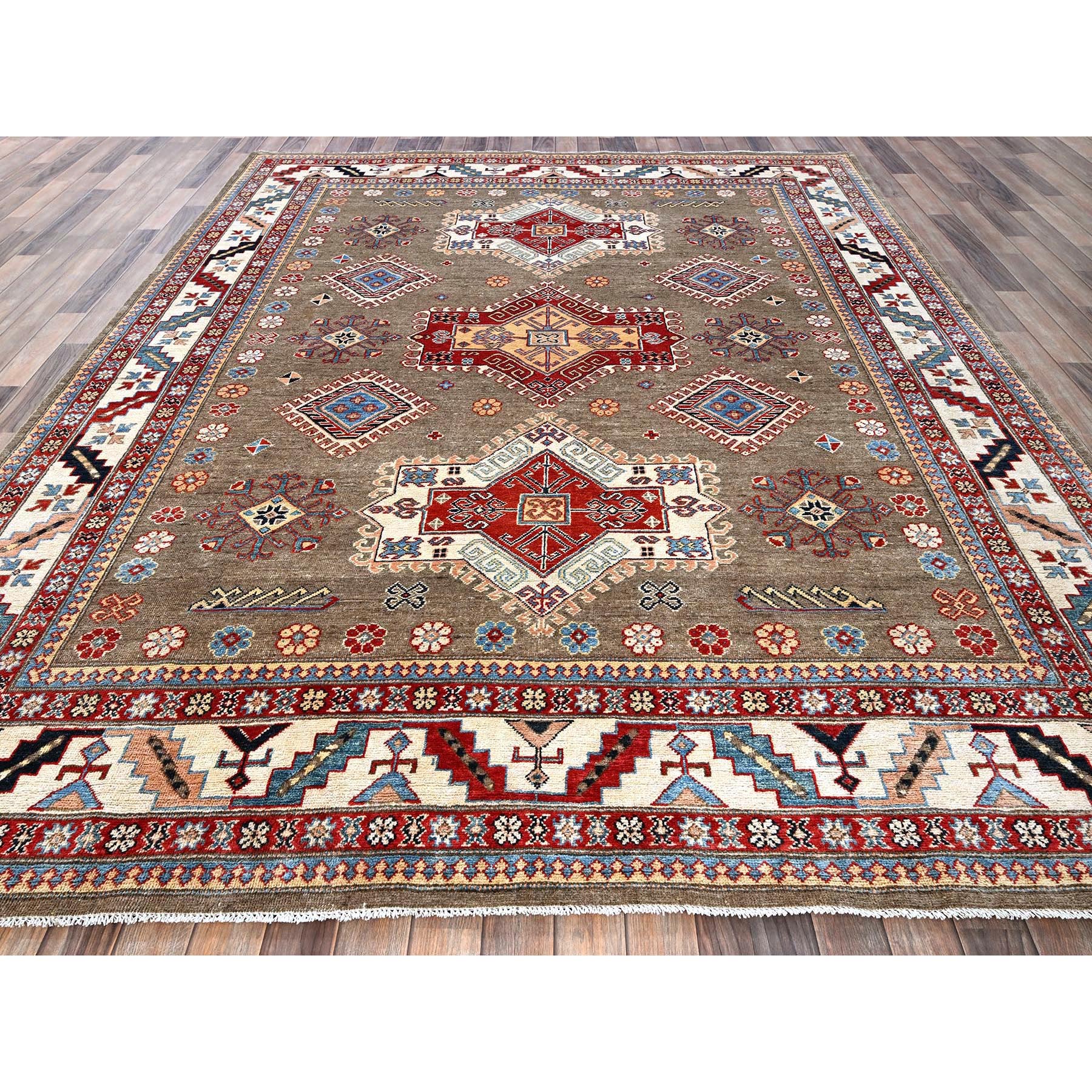 8'2"x10' Beaver Brown, Afghan Special Kazak with Geometric Medallions Design, Hand Knotted, Densely Woven, 100% Wool, Vegetable Dyes, Oriental Rug Sh305