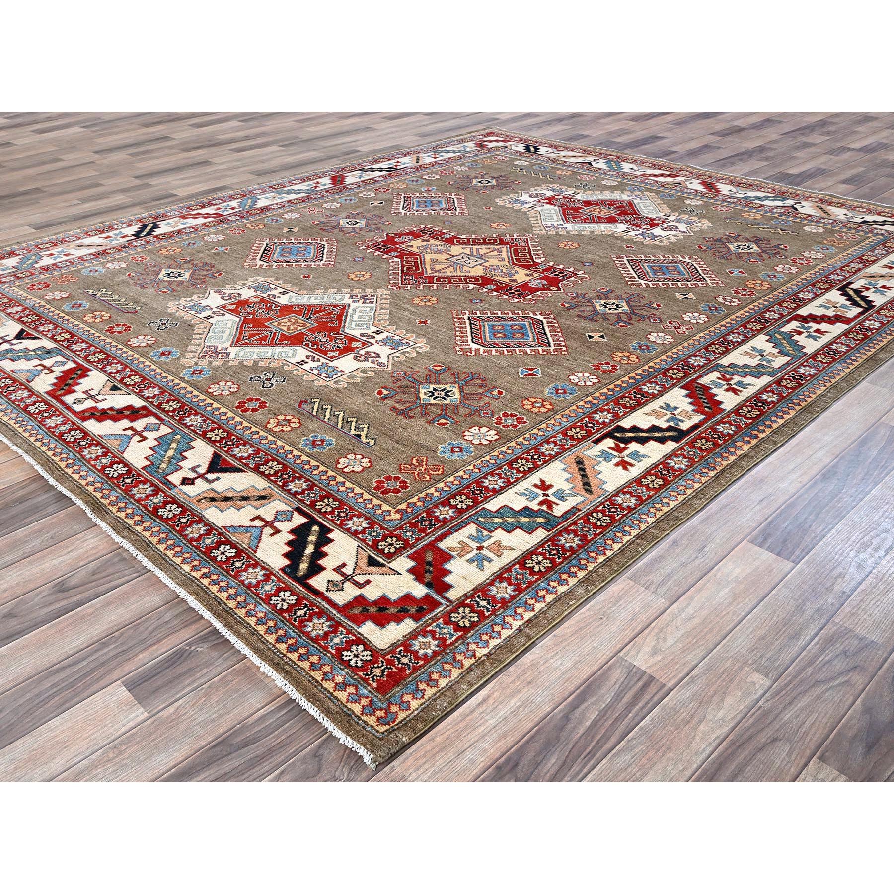 8'2"x10' Beaver Brown, Afghan Special Kazak with Geometric Medallions Design, Hand Knotted, Densely Woven, 100% Wool, Vegetable Dyes, Oriental Rug Sh305