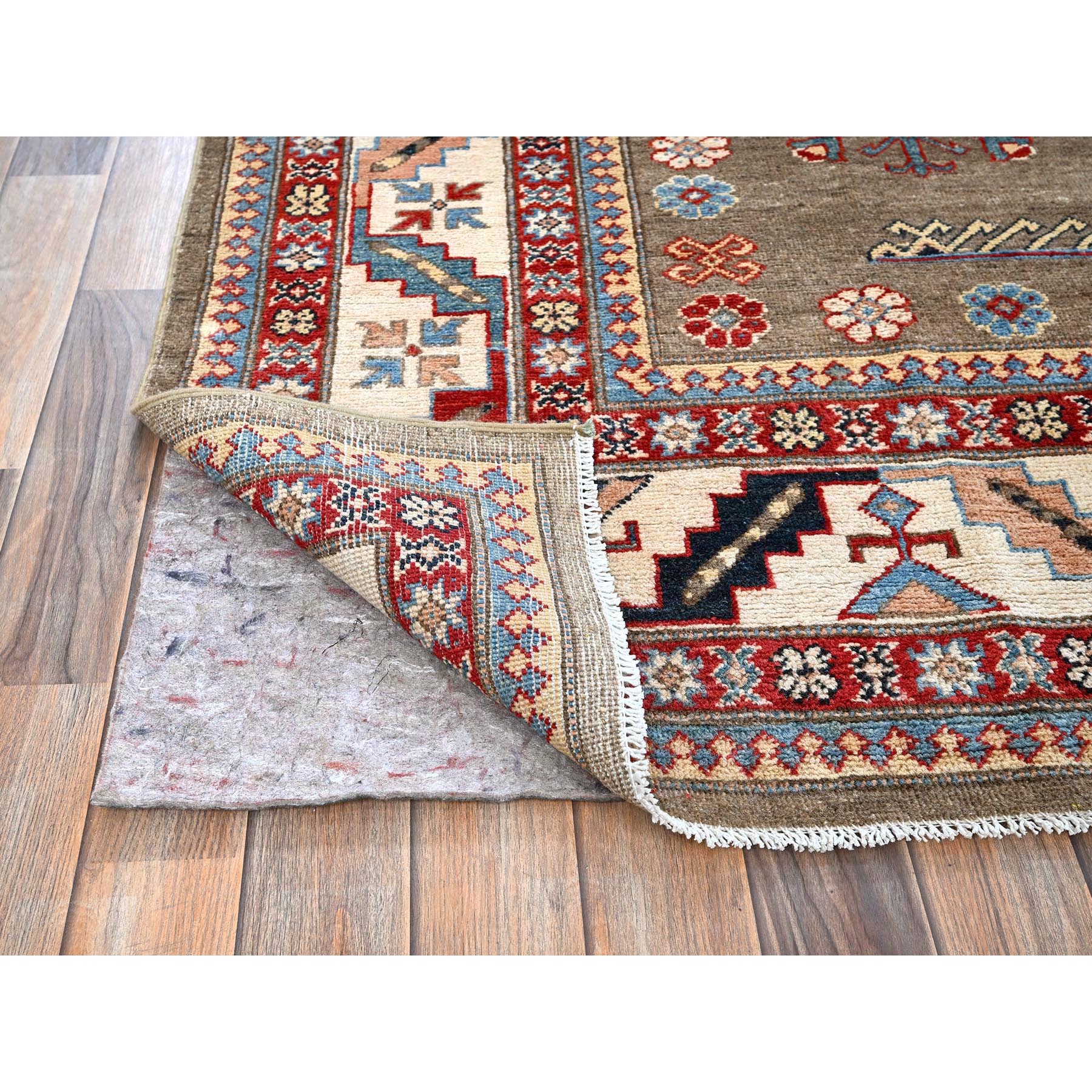 8'2"x10' Beaver Brown, Afghan Special Kazak with Geometric Medallions Design, Hand Knotted, Densely Woven, 100% Wool, Vegetable Dyes, Oriental Rug Sh305