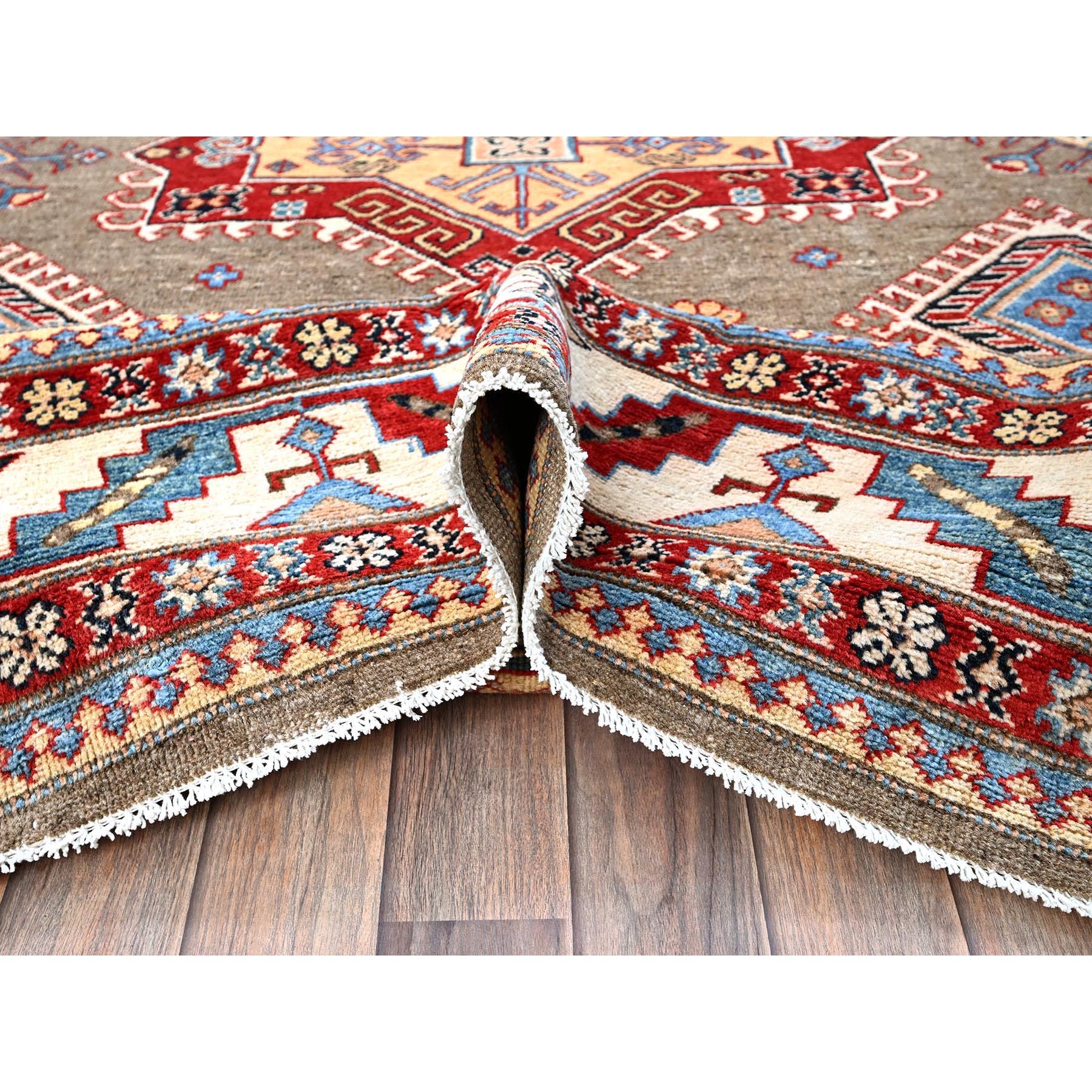 8'2"x10' Beaver Brown, Afghan Special Kazak with Geometric Medallions Design, Hand Knotted, Densely Woven, 100% Wool, Vegetable Dyes, Oriental Rug Sh305