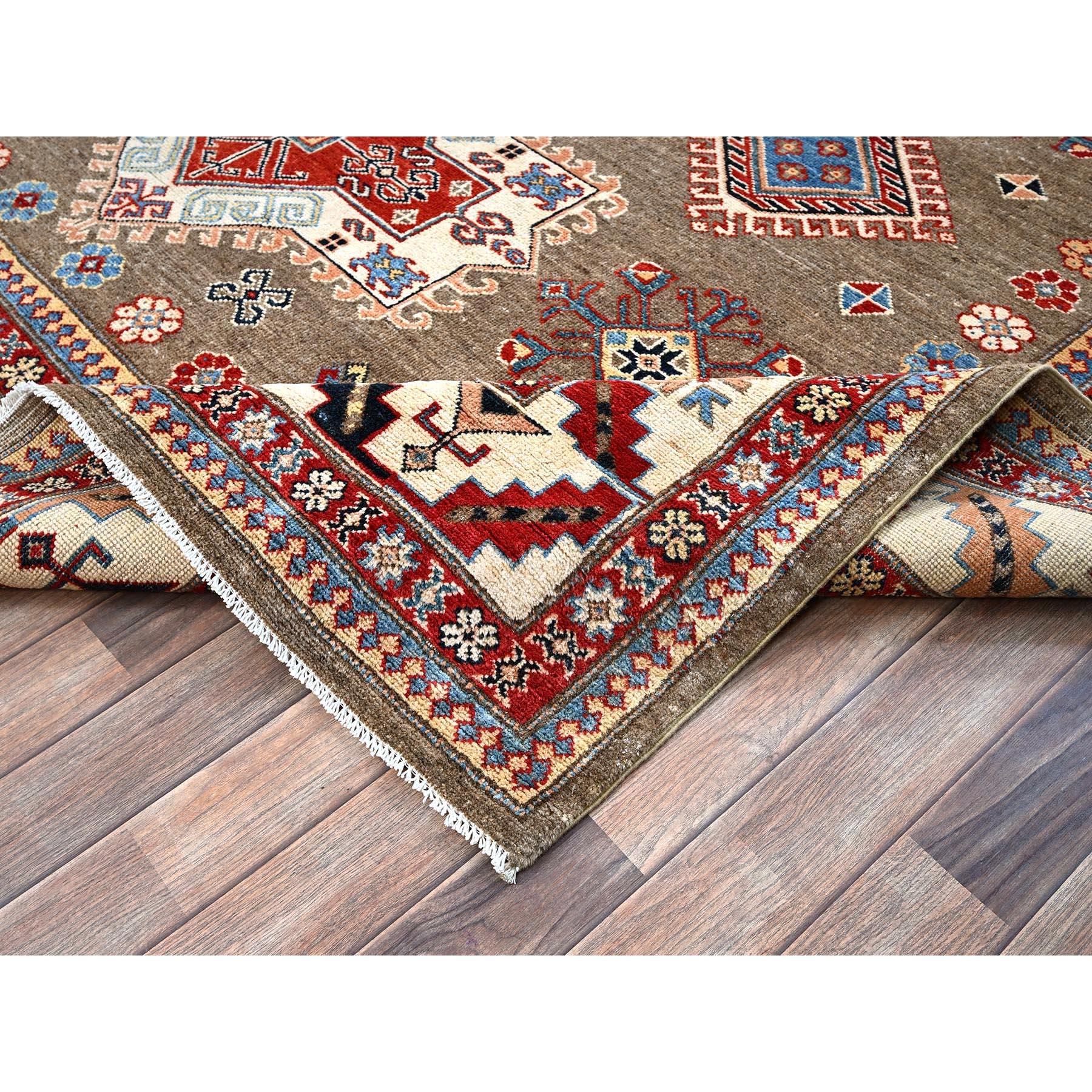 8'2"x10' Beaver Brown, Afghan Special Kazak with Geometric Medallions Design, Hand Knotted, Densely Woven, 100% Wool, Vegetable Dyes, Oriental Rug Sh305