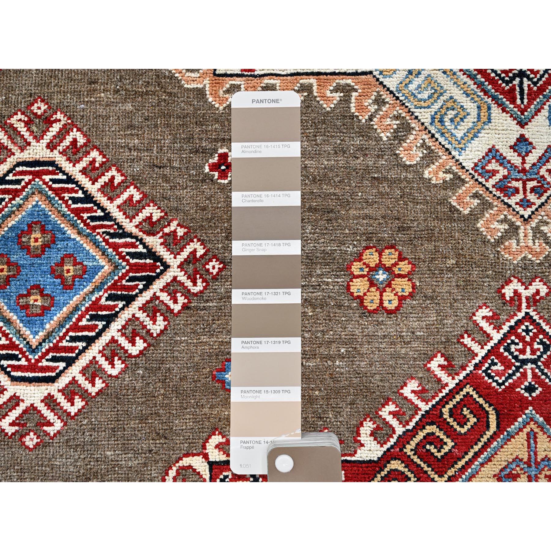 8'2"x10' Beaver Brown, Afghan Special Kazak with Geometric Medallions Design, Hand Knotted, Densely Woven, 100% Wool, Vegetable Dyes, Oriental Rug Sh305