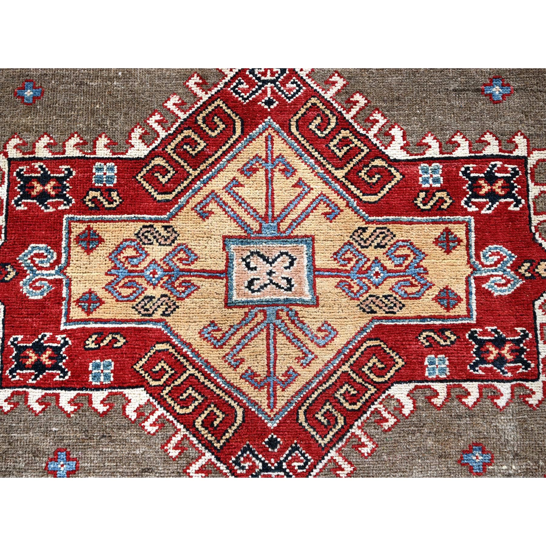 8'2"x10' Beaver Brown, Afghan Special Kazak with Geometric Medallions Design, Hand Knotted, Densely Woven, 100% Wool, Vegetable Dyes, Oriental Rug Sh305