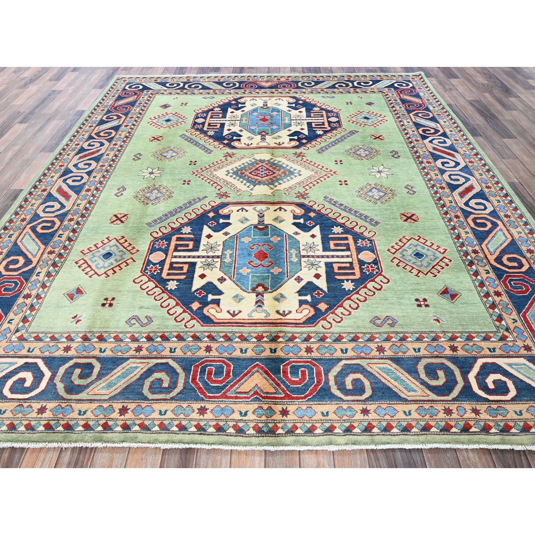 8'4"x9'7" Pistachio Green, Afghan Special Kazak with Geometric Medallions Design, Densely Woven, 100% Wool, Hand Knotted, Vegetable Dyes, Oriental Rug Sh306