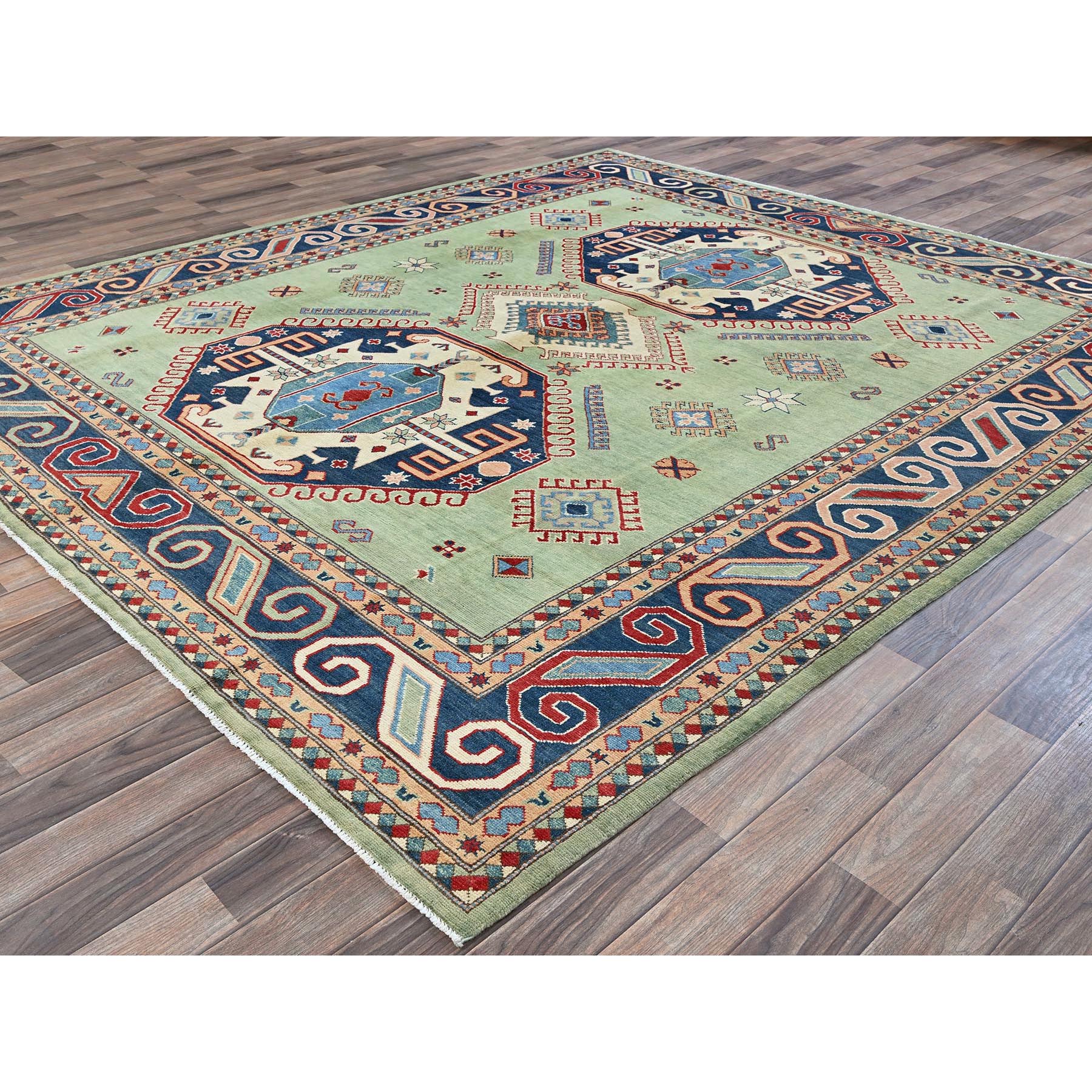 8'4"x9'7" Pistachio Green, Afghan Special Kazak with Geometric Medallions Design, Densely Woven, 100% Wool, Hand Knotted, Vegetable Dyes, Oriental Rug Sh306