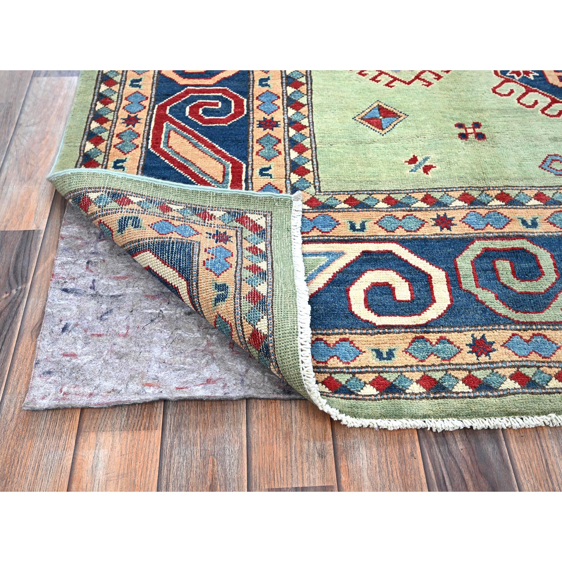 8'4"x9'7" Pistachio Green, Afghan Special Kazak with Geometric Medallions Design, Densely Woven, 100% Wool, Hand Knotted, Vegetable Dyes, Oriental Rug Sh306