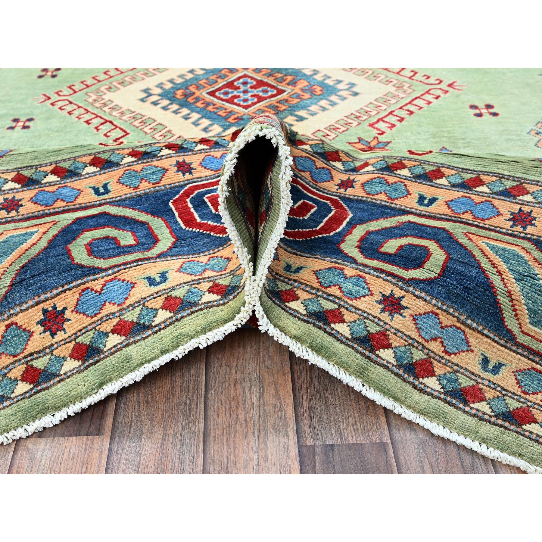8'4"x9'7" Pistachio Green, Afghan Special Kazak with Geometric Medallions Design, Densely Woven, 100% Wool, Hand Knotted, Vegetable Dyes, Oriental Rug Sh306