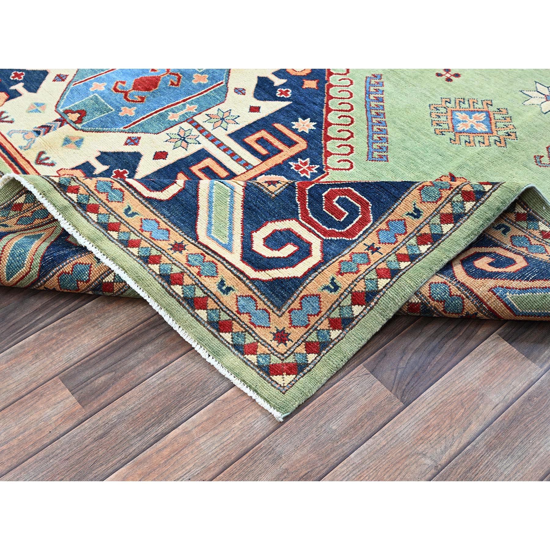 8'4"x9'7" Pistachio Green, Afghan Special Kazak with Geometric Medallions Design, Densely Woven, 100% Wool, Hand Knotted, Vegetable Dyes, Oriental Rug Sh306