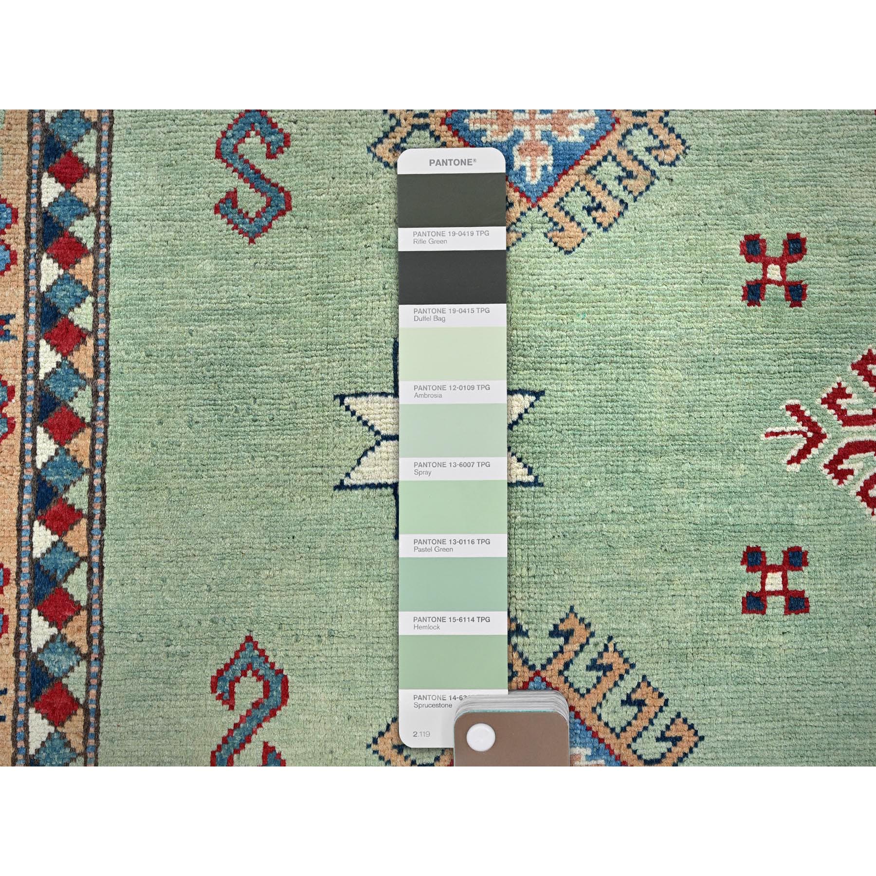 8'4"x9'7" Pistachio Green, Afghan Special Kazak with Geometric Medallions Design, Densely Woven, 100% Wool, Hand Knotted, Vegetable Dyes, Oriental Rug Sh306