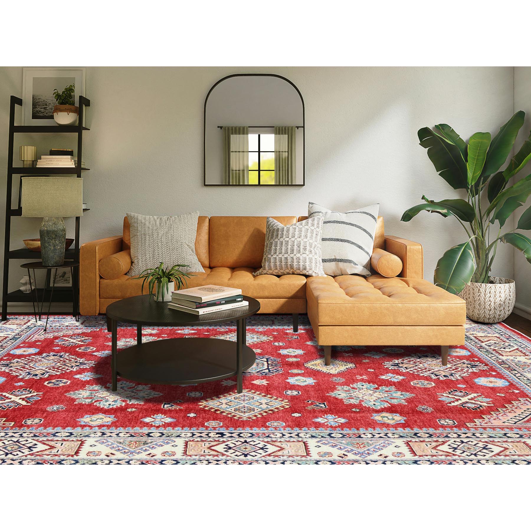 7'10"x9'9" Crimson Red, Afghan Special Kazak with Geometric Pattern, 100% Wool, Hand Knotted, Densely Woven, Natural Dyes, Oriental Rug Sh310