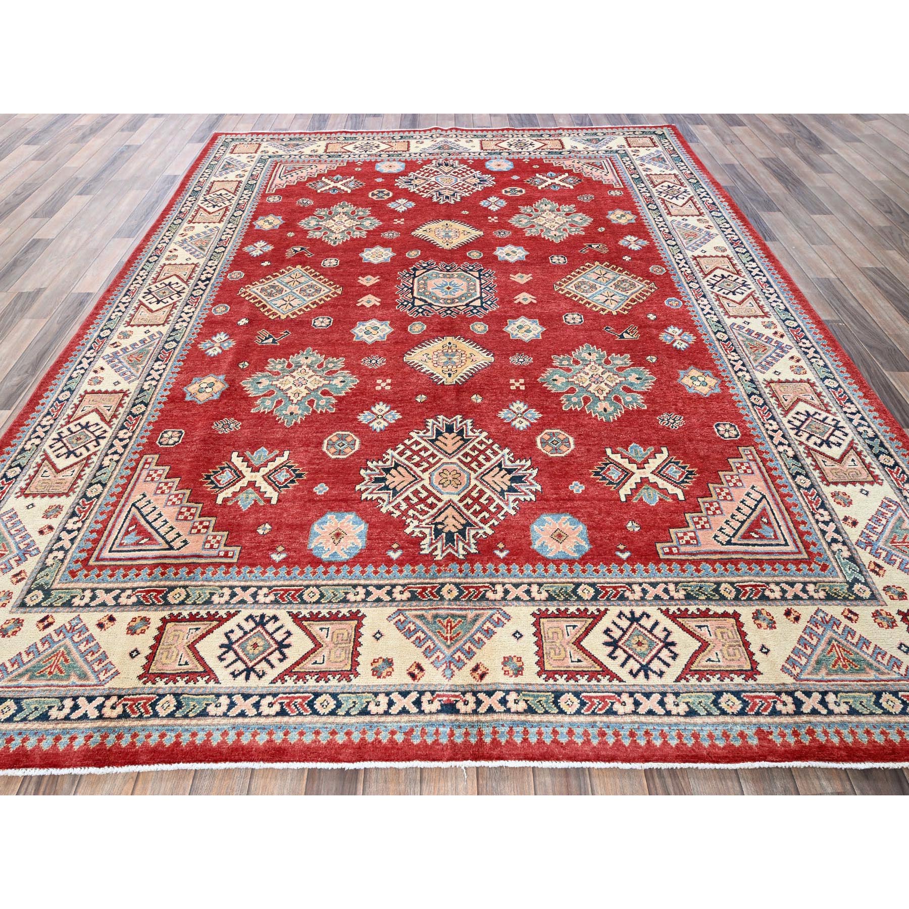 7'10"x9'9" Crimson Red, Afghan Special Kazak with Geometric Pattern, 100% Wool, Hand Knotted, Densely Woven, Natural Dyes, Oriental Rug Sh310