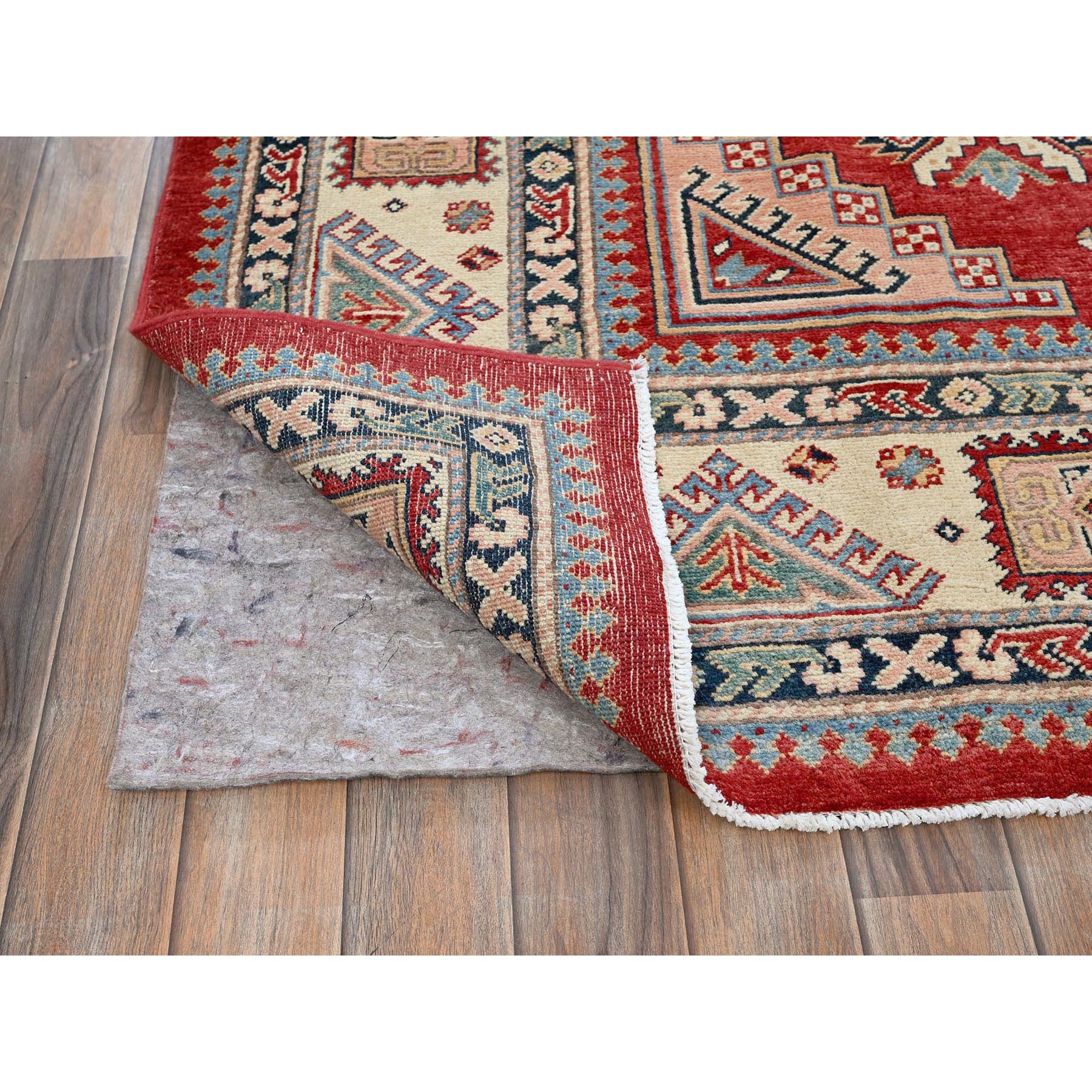 7'10"x9'9" Crimson Red, Afghan Special Kazak with Geometric Pattern, 100% Wool, Hand Knotted, Densely Woven, Natural Dyes, Oriental Rug Sh310