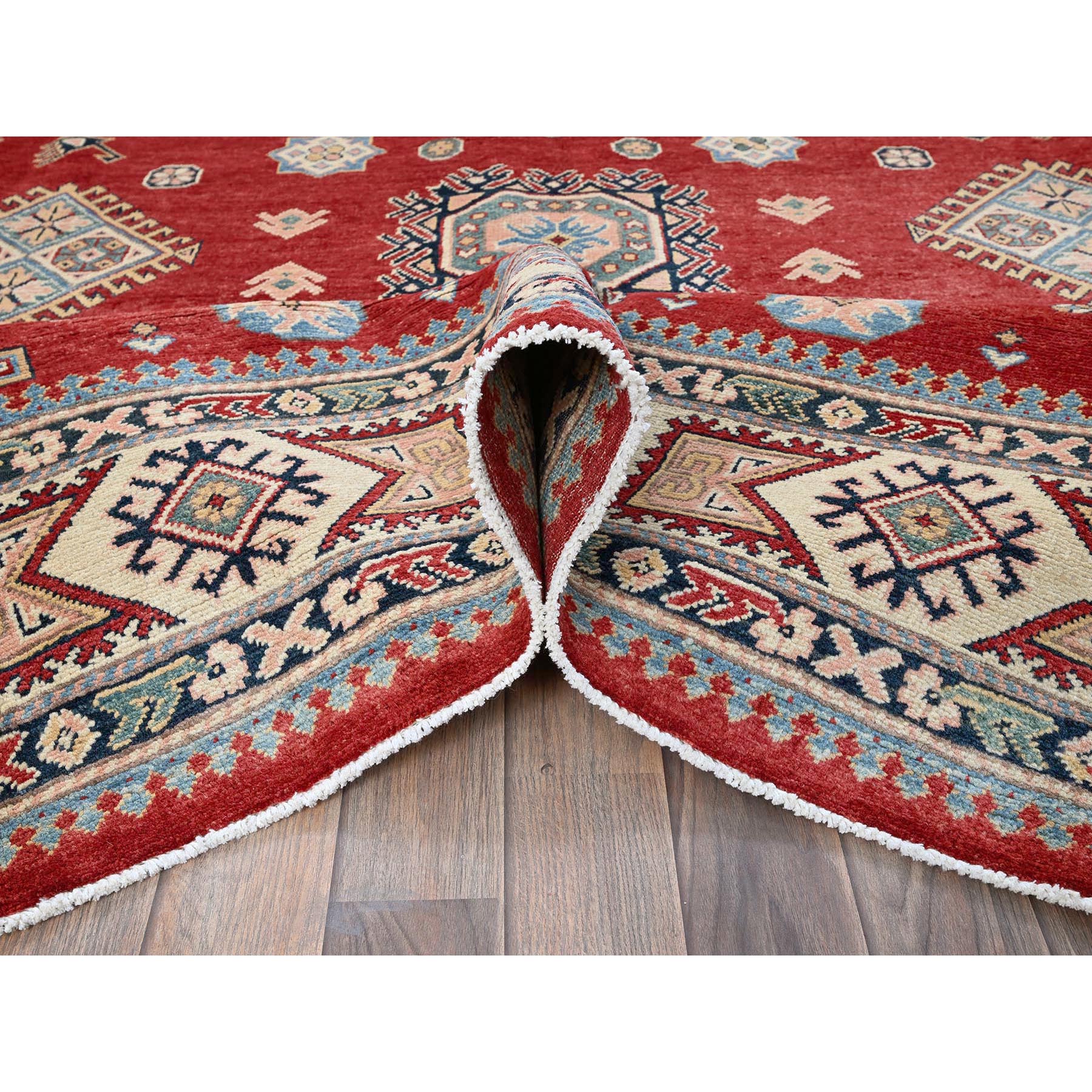 7'10"x9'9" Crimson Red, Afghan Special Kazak with Geometric Pattern, 100% Wool, Hand Knotted, Densely Woven, Natural Dyes, Oriental Rug Sh310
