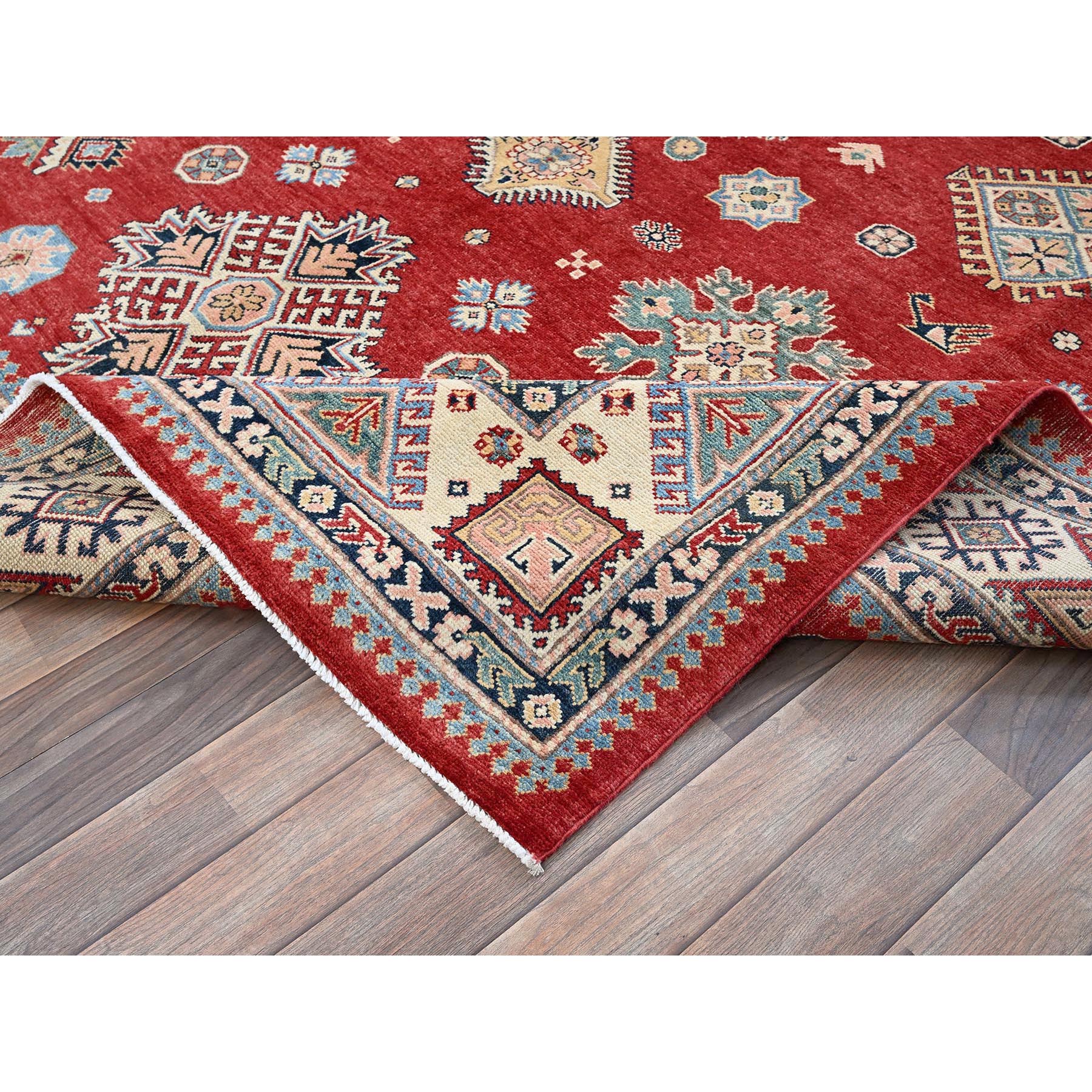 7'10"x9'9" Crimson Red, Afghan Special Kazak with Geometric Pattern, 100% Wool, Hand Knotted, Densely Woven, Natural Dyes, Oriental Rug Sh310