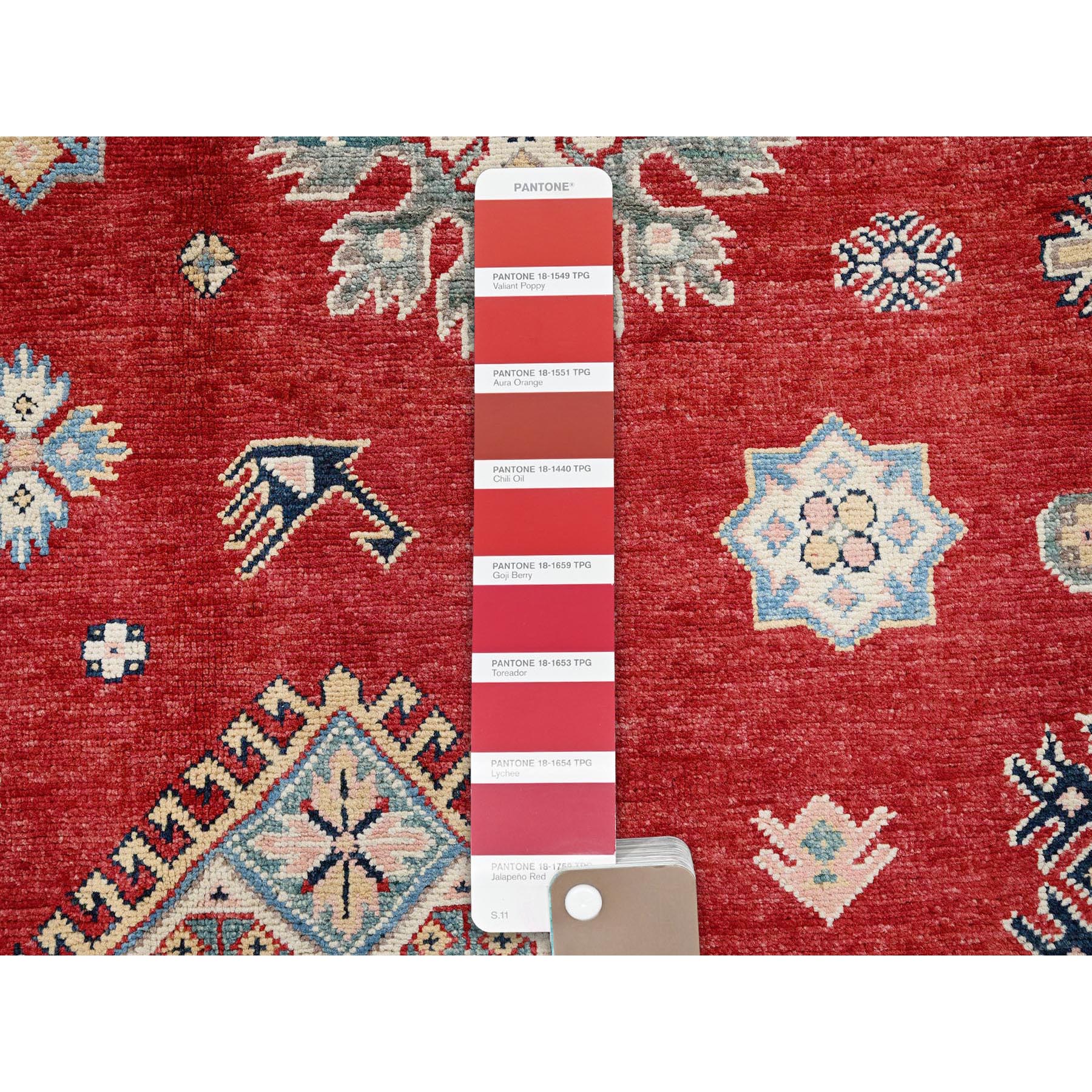 7'10"x9'9" Crimson Red, Afghan Special Kazak with Geometric Pattern, 100% Wool, Hand Knotted, Densely Woven, Natural Dyes, Oriental Rug Sh310
