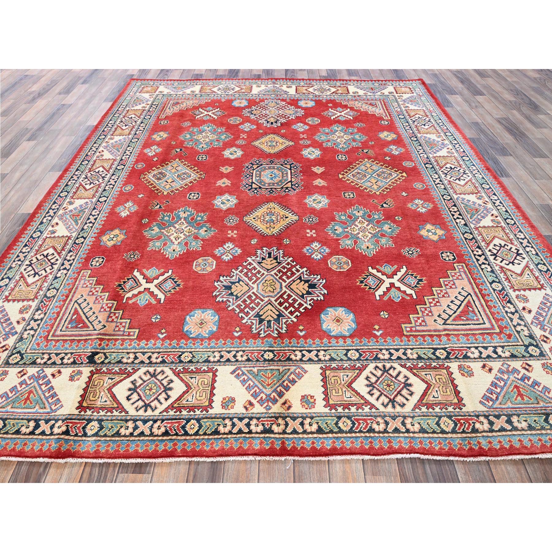 8'x10' Angels Red, Afghan Special Kazak with Geometric Medallions Design, 100% Wool, Densely Woven, Hand Knotted, Vegetable Dyes, Oriental Rug Sh311