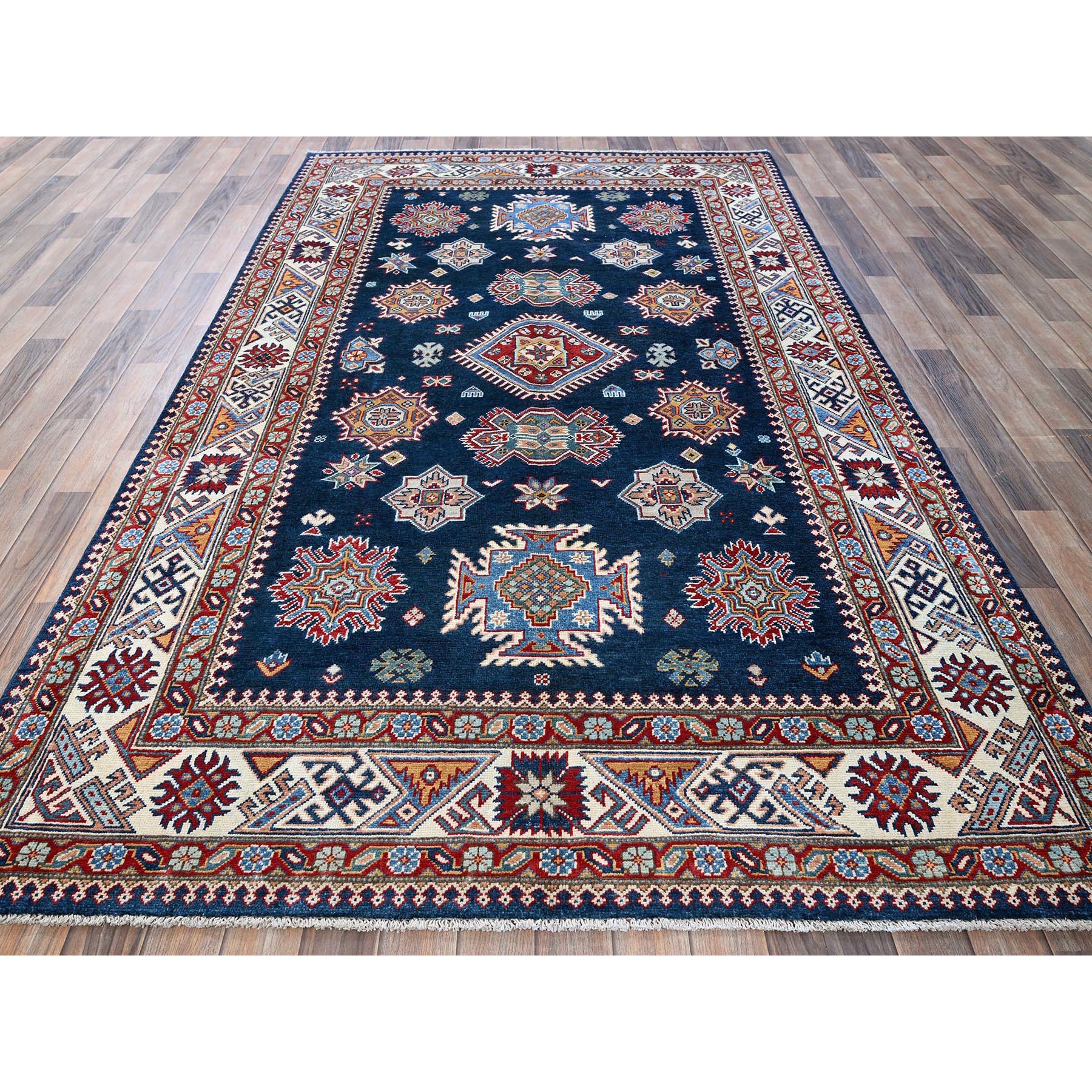 5'6"x9'3" Midnight Blue, Afghan Special Kazak with Tribal Medallions Design, Hand Knotted, Densely Woven, Pure Wool, Vegetable Dyes, Oriental Rug Sh313